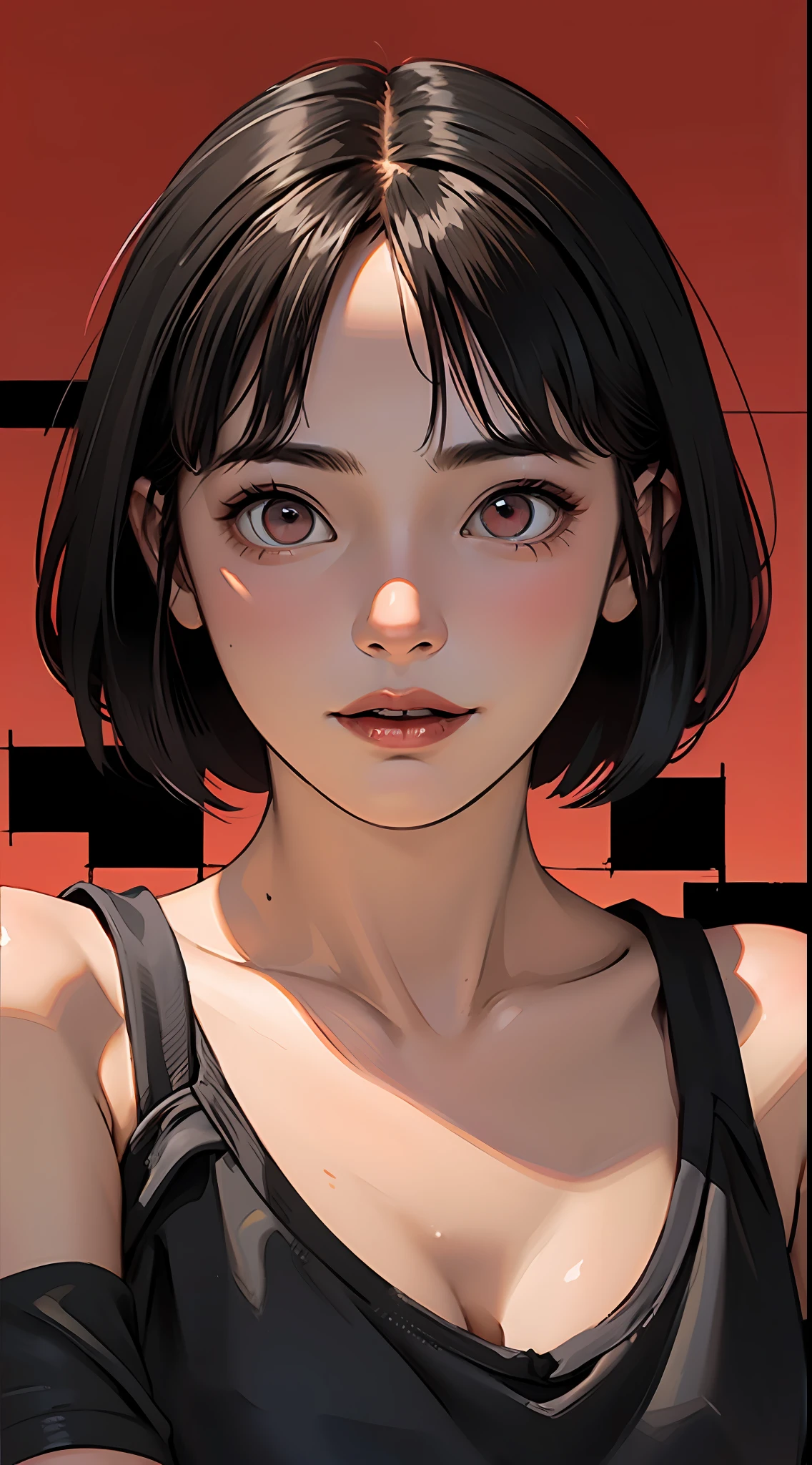 ultra hyper-detailed、hightquality、beste-Qualit、high detailing、Precise illustrations、Pencil drawing、Edge Detection、sharpness、High contrast、Highlight、photoRealstic、cinematiclight、８K、solo、Bright red background、Red gradient background、gradients、Girl with dark skin、beautiful  Girl、Black Dress、Bright red lipstick、Bright red eyeshadow、Red Eyes、Dark hair、short-hair、Bery short hair