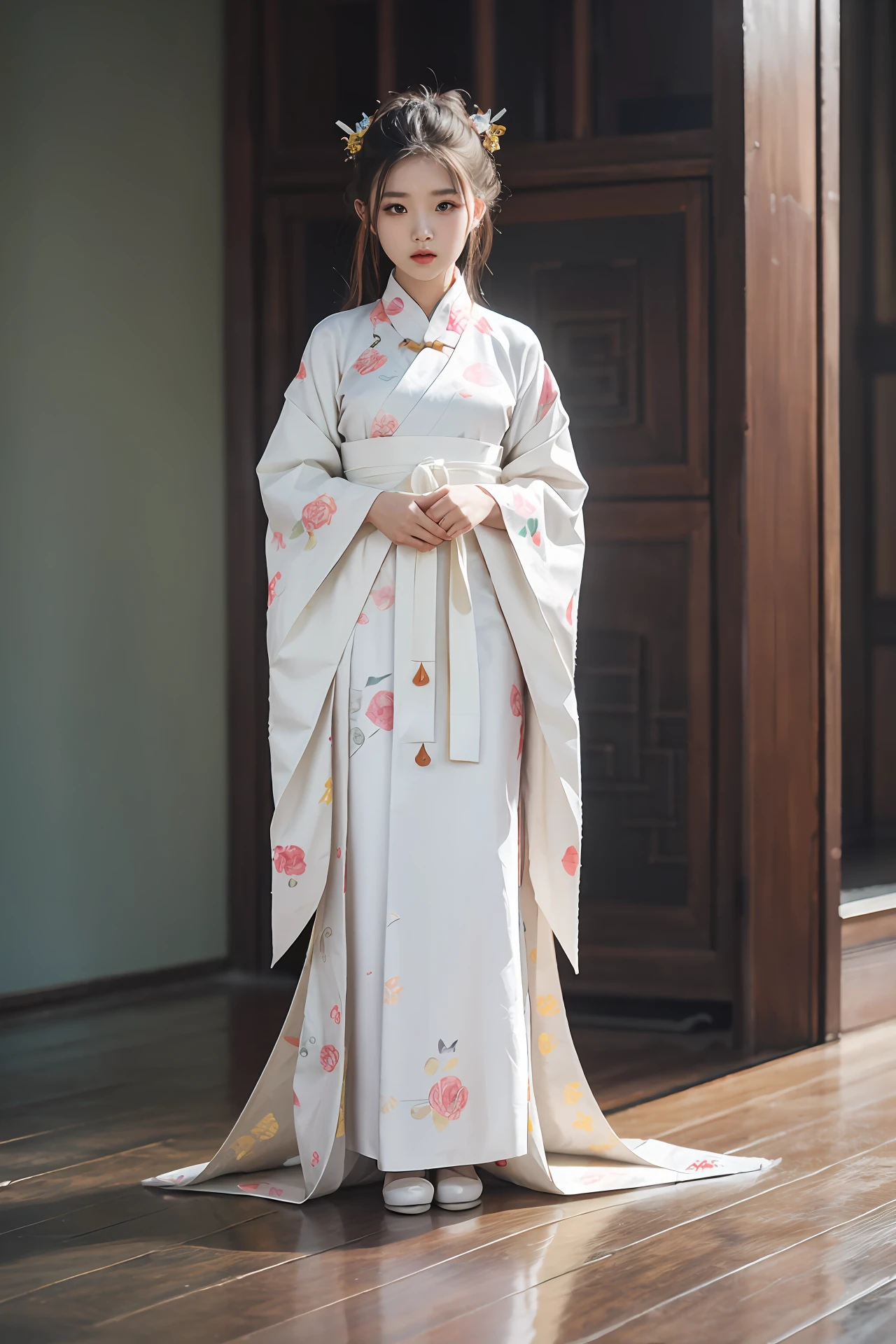 origami dress, full body photo of weird doll in a origami (((paper)))hanfu, (pale skin:1.377), material((Chinese paper)), 8k uhd, dslr, soft lighting, high quality, film grain, Fujifilm XT3