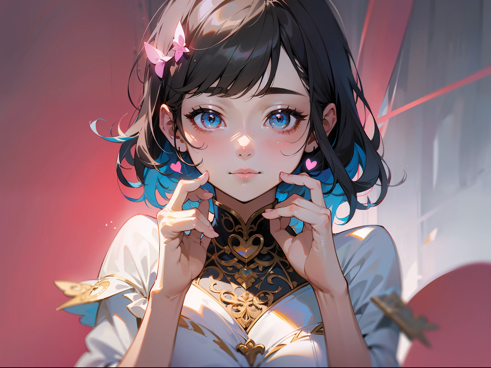 (巨作)、the detail、12K、in 8K、((Heart with both hands in front of the face))、Girl in tight white base dress、short dark hair、Colorful inner hair、Realistic and sharp details、portrait shooting、Super Intricate Details、Ultra-fine details、Stay outside、