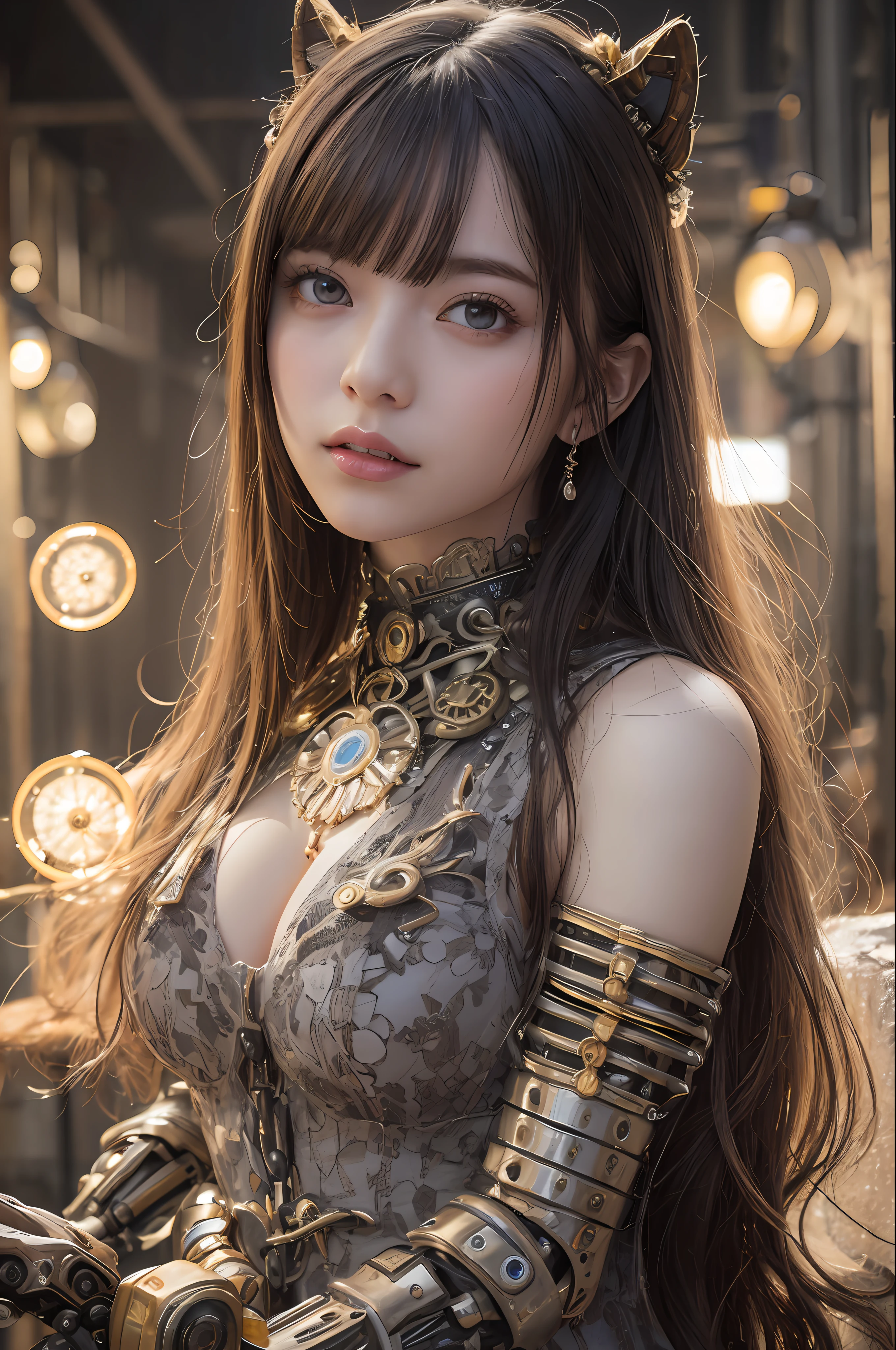 beste-Qualit、巨作、ultra-high-resolution、(photo- realistic:1.4)、Raw photo、女の子1人、Black hair、glowy skin、Cyberpunk Girl、((hyper realistic detail))、portlate、Global Illumination、Shadow、octan render、in 8K、ultrasharp、big tit、Raw skin is exposed in cleavage、metals、Details of complex ornaments、Indian Hindu Detail、Luminous tube、Analog Meter、cog、gear、Golden hydraulic cylinder、extremely intricate detail、Realistic light、CGSoation Trends、purple-eyed、radiant eyes、Facing the camera、neon details、Mechanical limbs、blood vessels connected to tubes、Mechanical vertebrae attached to the back、mechanical cervical attaching to neck、sitting on、Wires and cables connecting to the head、Small LED lamp、