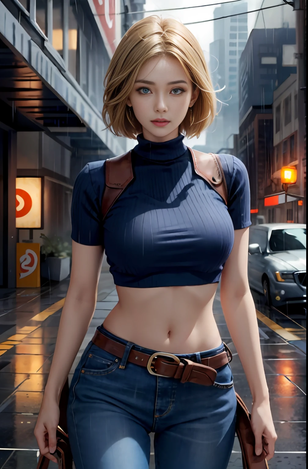 maryms, Best Quality,(beauty), 1girl,phisically-based render ,ultra highres,(cowboy shot:1.5),narrow waist, skinny, LeonaMS , big blue eyes,long legs,jeans,leather belt,big breasts,puffy eyes, leather belt,(rainy city), shiny skin, facing viewer, excited to fight