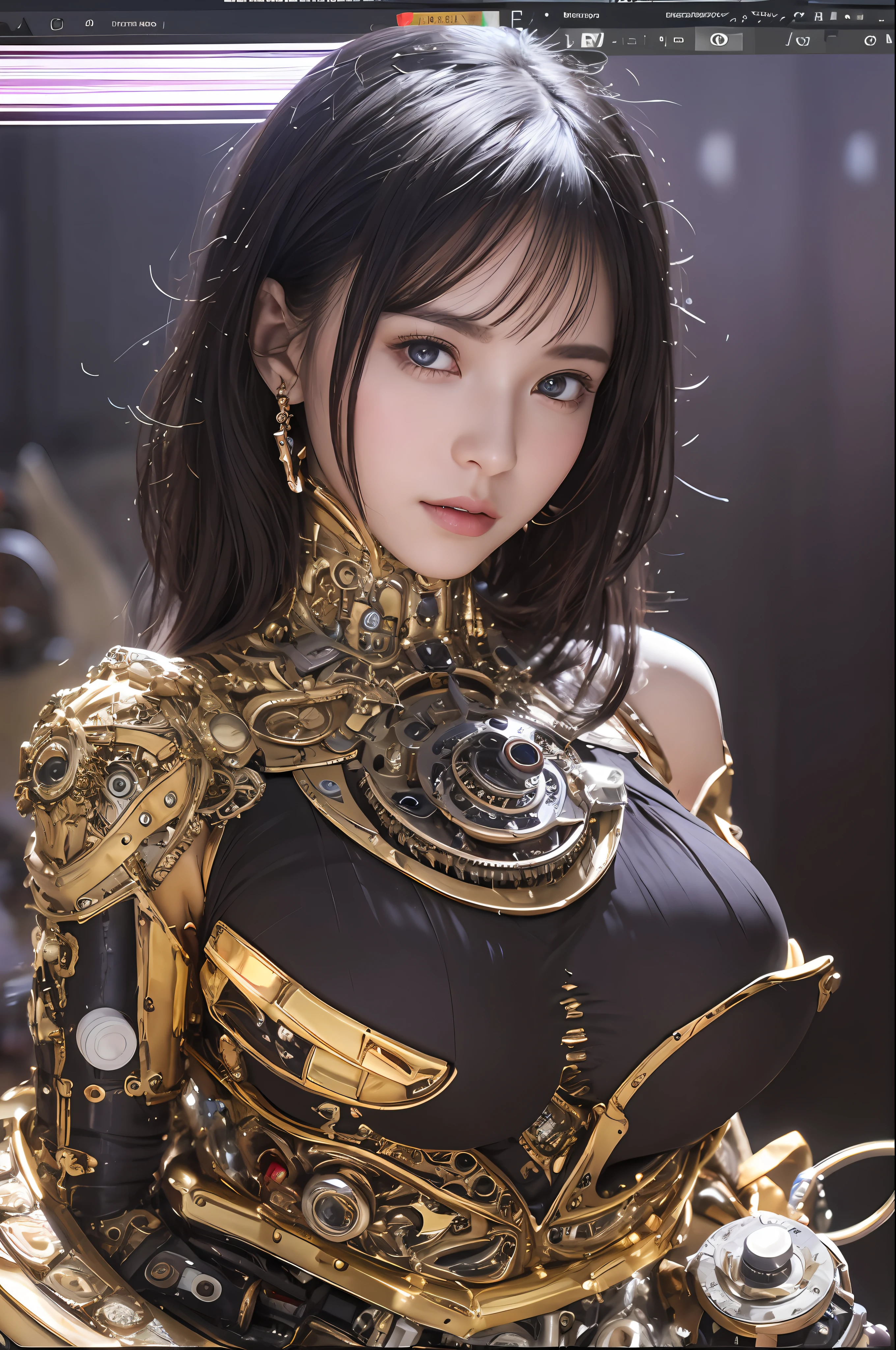 beste-Qualit、巨作、ultra-high-resolution、(photo- realistic:1.4)、Raw photo、1人、Black hair、glowy skin、Cyberpunk Girl、((hyper realistic detail))、portlate、Global Illumination、Shadow、octan render、in 8K、ultrasharp、big tit、Raw skin is exposed in cleavage、metals、Details of complex ornaments、Indian Hindu Detail、Luminous tube、Analog Meter、cog、gear、Golden hydraulic cylinder、extremely intricate detail、Realistic light、CGSoation Trends、purple-eyed、radiant eyes、Facing the camera、neon details、Mechanical limbs、blood vessels connected to tubes、Mechanical vertebrae attached to the back、mechanical cervical attaching to neck、sitting on、Wires and cables connecting to the head、Small LED lamp、