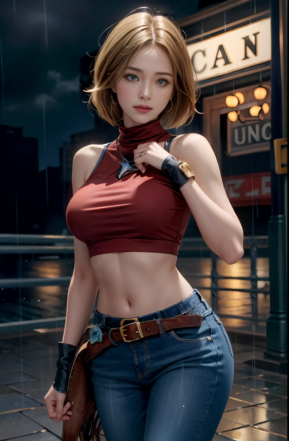 maryms, Best Quality,(beauty), 1girl,phisically-based render ,ultra highres,(cowboy shot:1.5),narrow waist, skinny, LeonaMS , big blue eyes,long legs,jeans,leather belt,big breasts,puffy eyes, leather belt,(rainy city), shiny skin, facing viewer, excited to fight