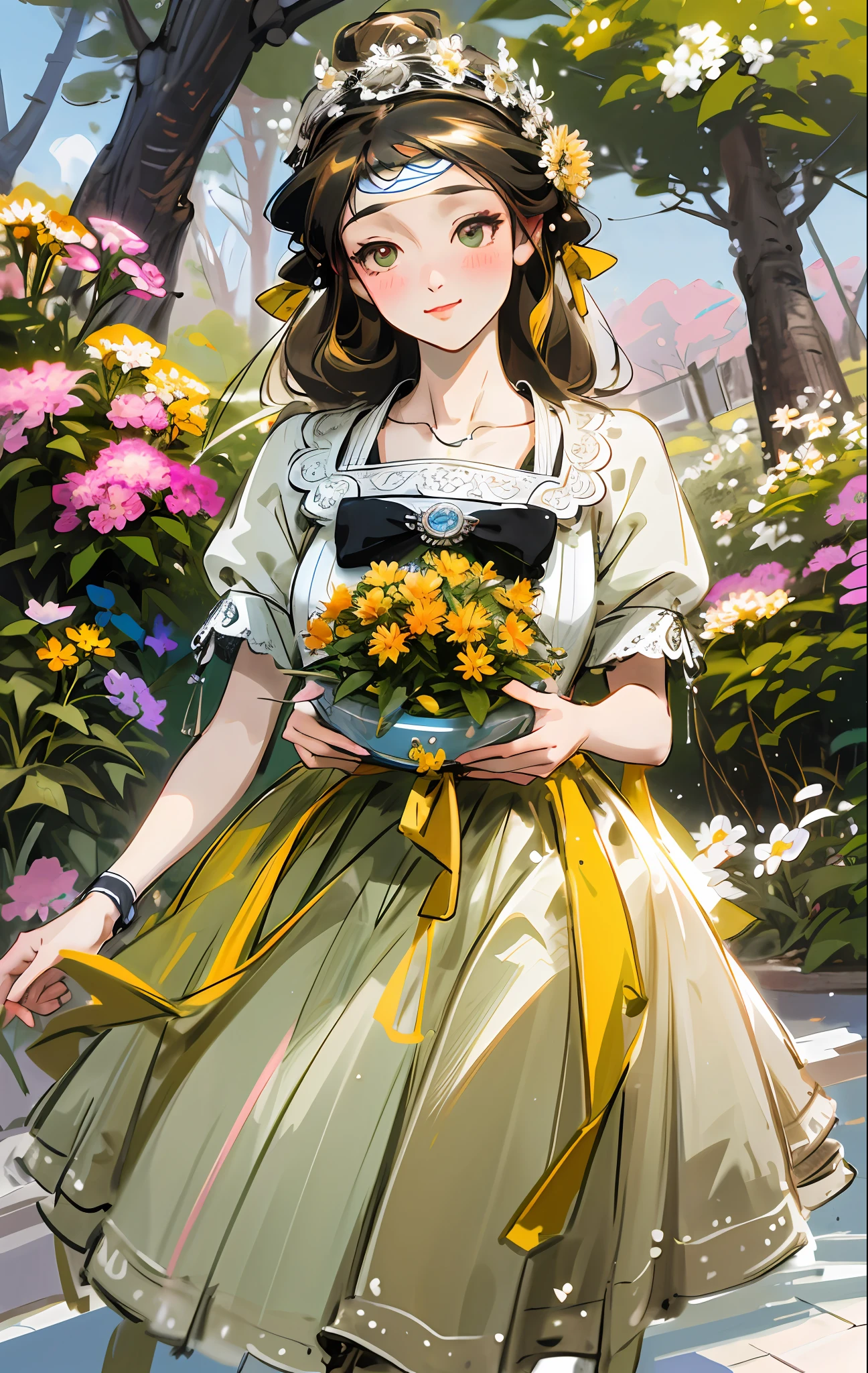 Best quality, masterpiece, high quality, 1 girl, blush, (seductive smile: 0.8), love pupils, white blouse, lace trim, bow on chest, long blue skirt, lace on skirt, with ornaments, pink headband, long ribbon, necklace, beautiful face, standing on the path, both sides full of flowers, yellow chrysanthemums, red flowers, green grass, spring, white clouds, full body, intense light and shadow, photographic effects, realistic, , edge lighting, two-tone lighting, (high detail skin: 1.2), 8K Ultra HD, DSLR, Soft Lighting, High Quality, Volumetric Lighting, Capture, Photo, High Resolution, 4K, 8K,