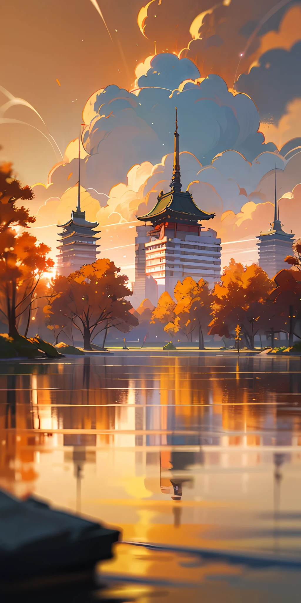 （masterpaintings，Best Quority），Riverside，There are many tall buildings on the other side of the river，depth of ﬁeld，lighting perfect，light particules，（Best Quority），（masterpaintings），（hyper detailled），Sharp focus，light particules，niji，Eyes，Blushlush，orange colors_Eyes，Looking_At_peeping at the viewer，Smile，solo，Furry，Animal_Ear_fluff，Open_clothes，Arms back，Upper body body，coattails，Japanese style costume，sun beam，The tree，With his mouth open，Arms back，Blue hair，White ears，Fuchsia eyes