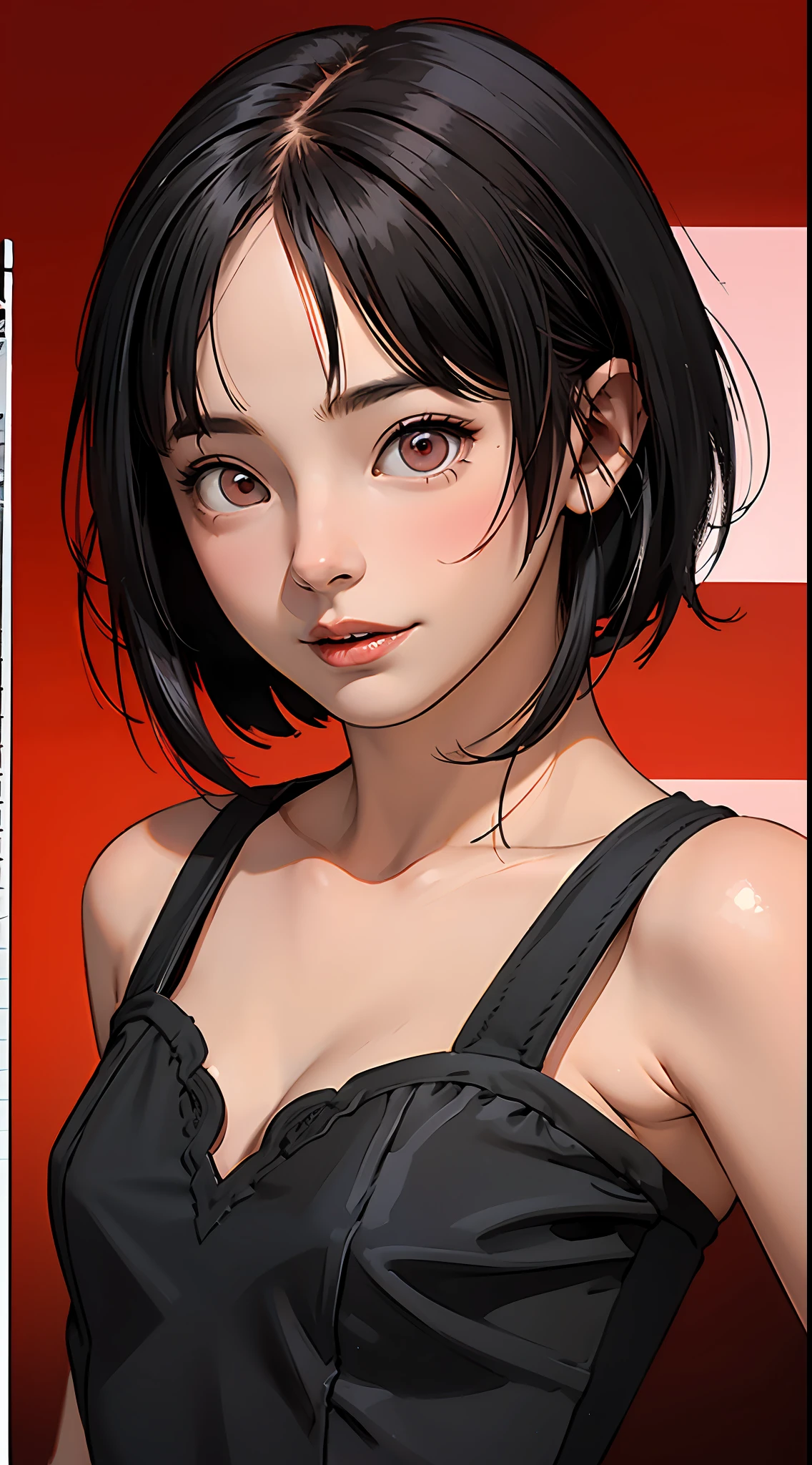 ultra hyper-detailed、hightquality、beste-Qualit、high detailing、Precise illustrations、Pencil drawing、Edge Detection、sharpness、High contrast、Highlight、photoRealstic、cinematiclight、８K、solo、Bright red background、Red gradient background、gradients、Girl with dark skin、beautiful  Girl、Black Dress、Bright red lipstick、Bright red eyeshadow、Red Eyes、Dark hair、short-hair、Bery short hair