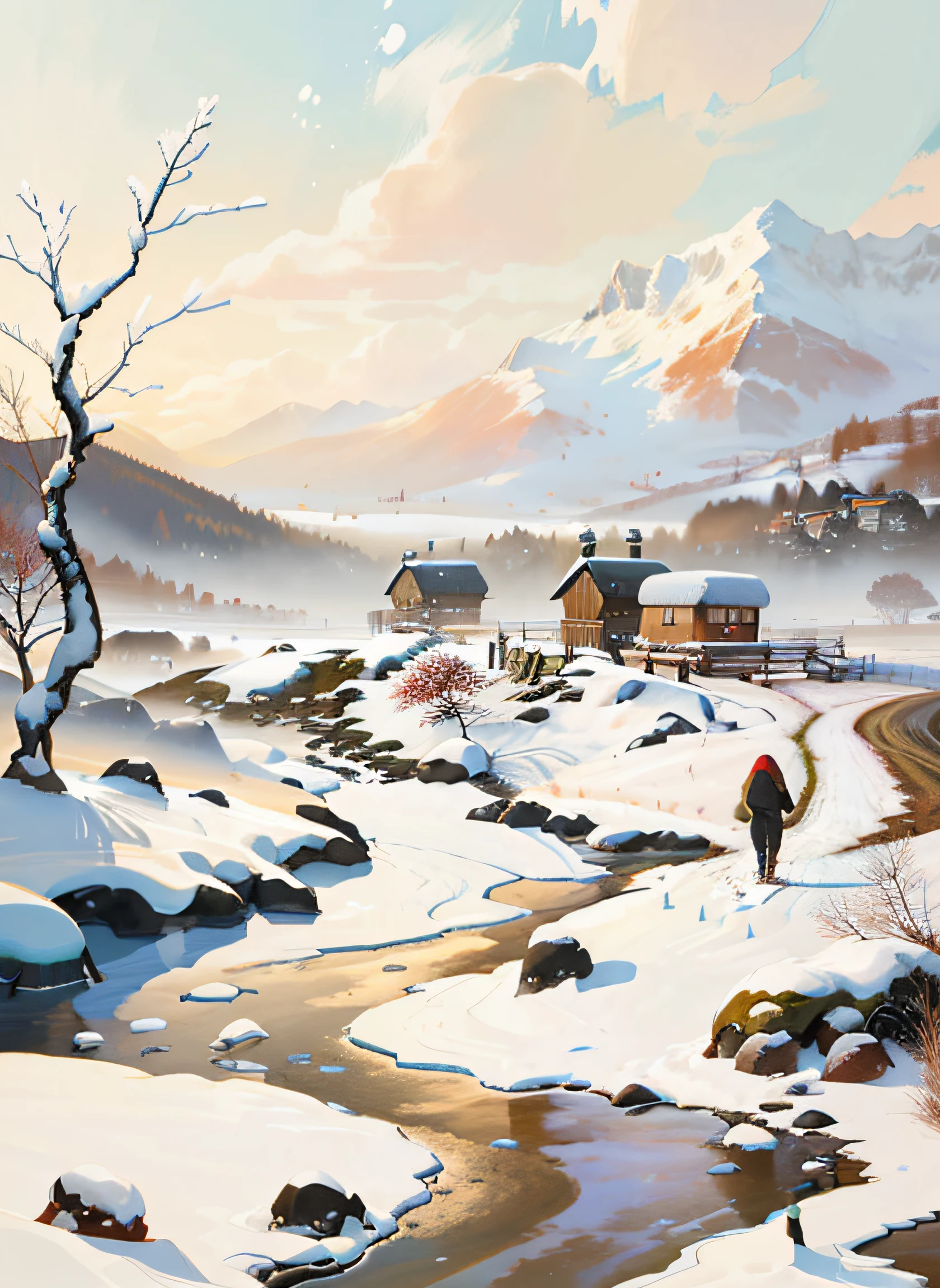 snowy landscape,There are huts and streams in the foreground, A beautiful artwork illustration, landscape artwork, Winter painting, snowy mountain landscape, snow landscape, animation illustrative style, snowy landscape, Arte conceitual de inverno, beautiful snowy landscape, Winter landscape, inspired by Hasui Kawase,There are people walking in the distance,There are walking marks on the snow