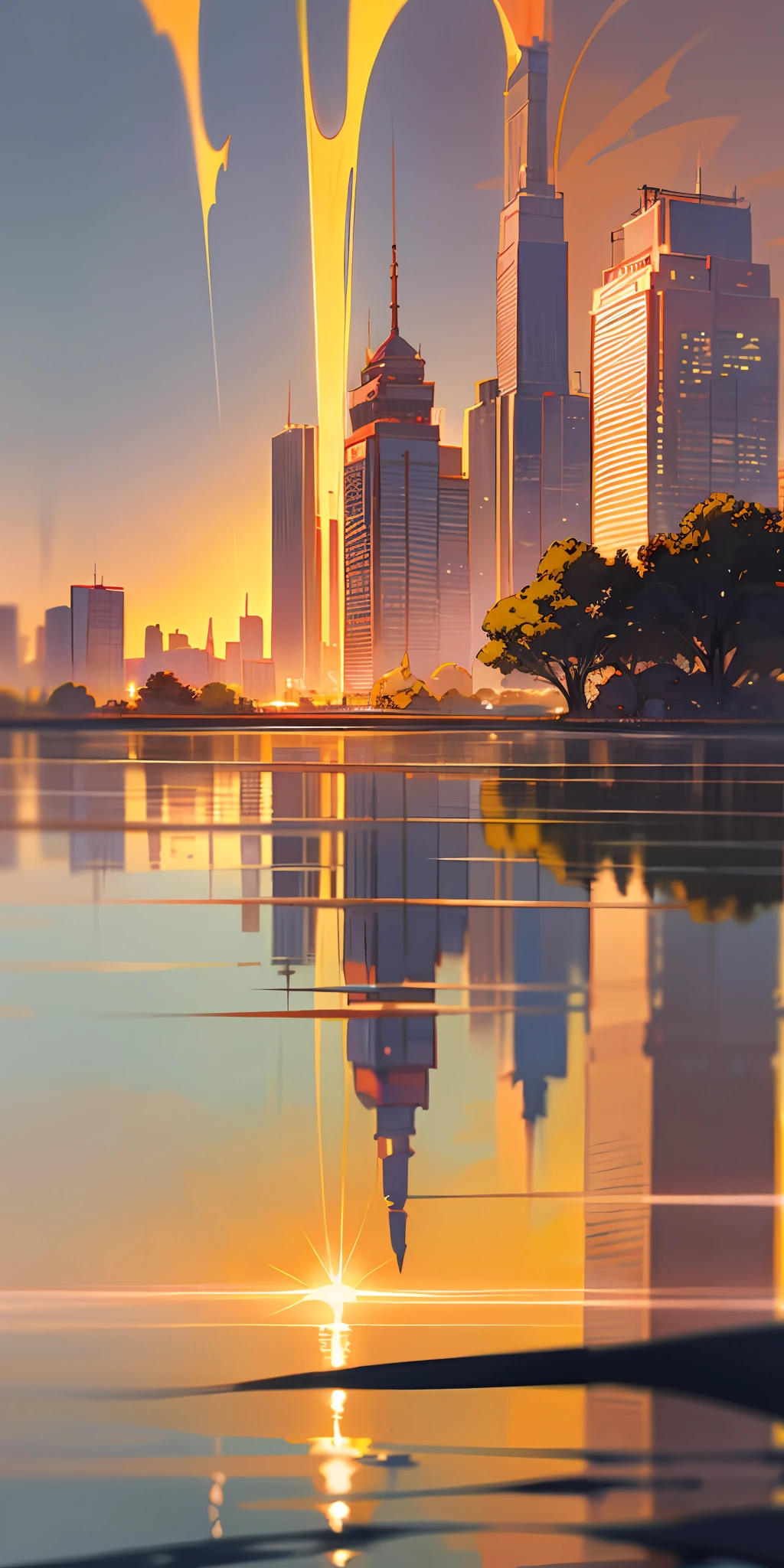 (masterpaintings,Best Quority),Riverside,There are many tall buildings on the other side of the river,depth of field,lighting perfect,light particules,(Best Quority),(masterpaintings),(hyper detailled),Sharp focus,light particules,niji,Eyes,Blushlush,Orange colors_Eyes,Looking_At_peeping at the viewer,Smile,solo,Furry,Animal_Ear_fluff,Open_clothes,to stand,Upper body body,coattails,Japanese style costume,sun beam,The tree,With his mouth open,Arms back,blue hairs,White ears,Fuchsia eyes