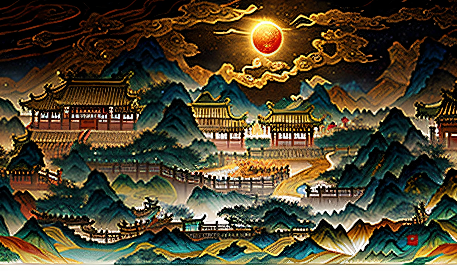 Ancient Chinese landscape, mountains, rivers, auspicious clouds, sunlight, masterpiece, super detail, epic composition, ultra high definition, high quality, extremely detailed, official art, uniform 8k wallpaper, super detail, 32k -- v 6