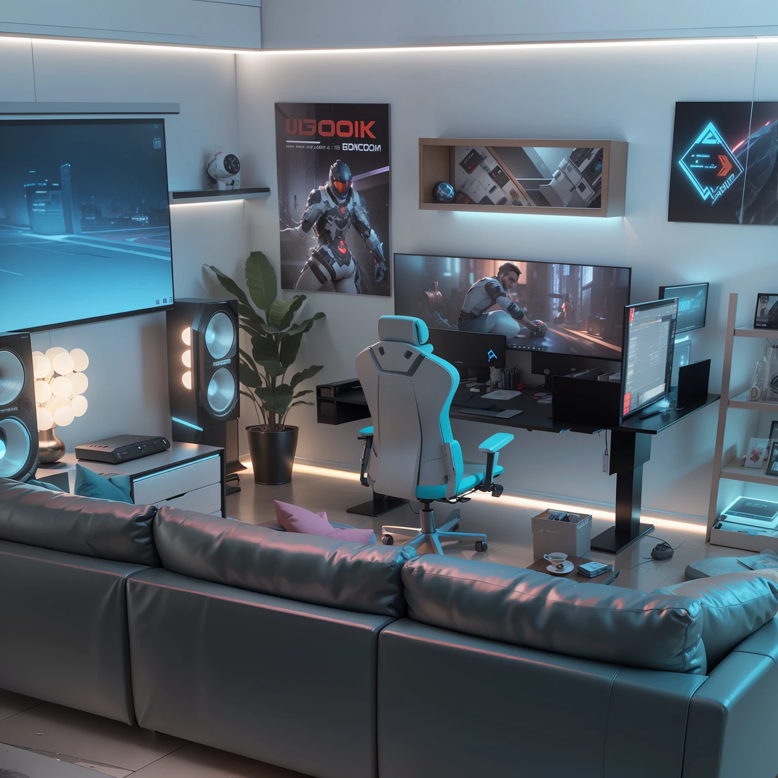 game room, pc,3D model HD rendering, building rendering, right Angle isometric view, 45 degree Angle, (gray background), high detail, movie, global lighting, reality lighting, Unreal Engine rendering, Substance 3D, Octane rendering, --auto