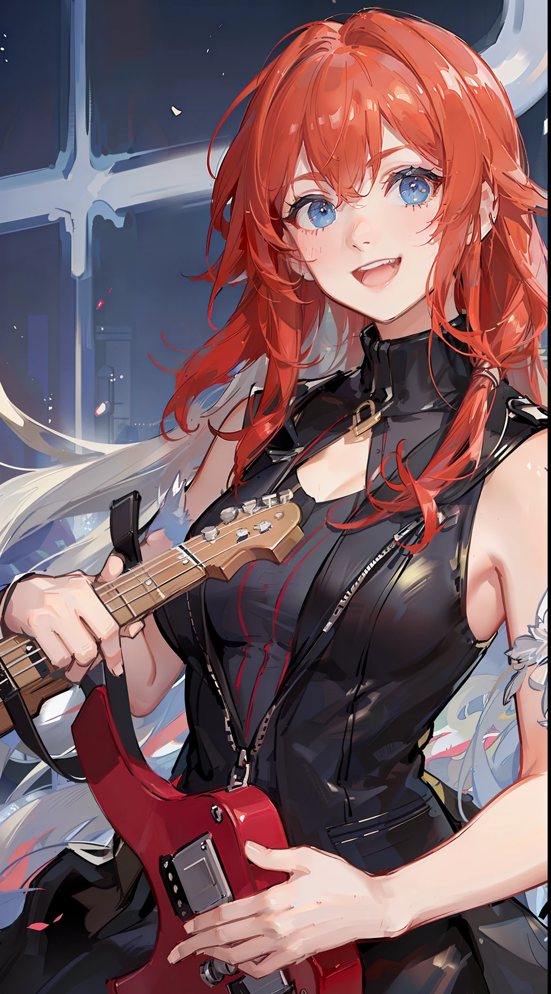 Young guy, Long red hair, blue eyes, red sleeveless leather vest, electric guitar, Cheerful smile, open mouth, Masterpiece, high qulity