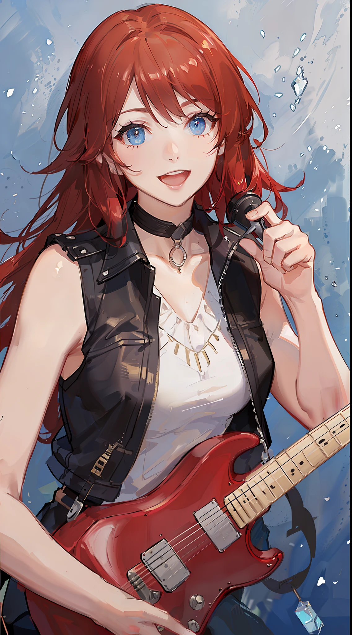 Young guy, Long red hair, blue eyes, red sleeveless leather vest, electric guitar, Cheerful smile, open mouth, Masterpiece, high qulity