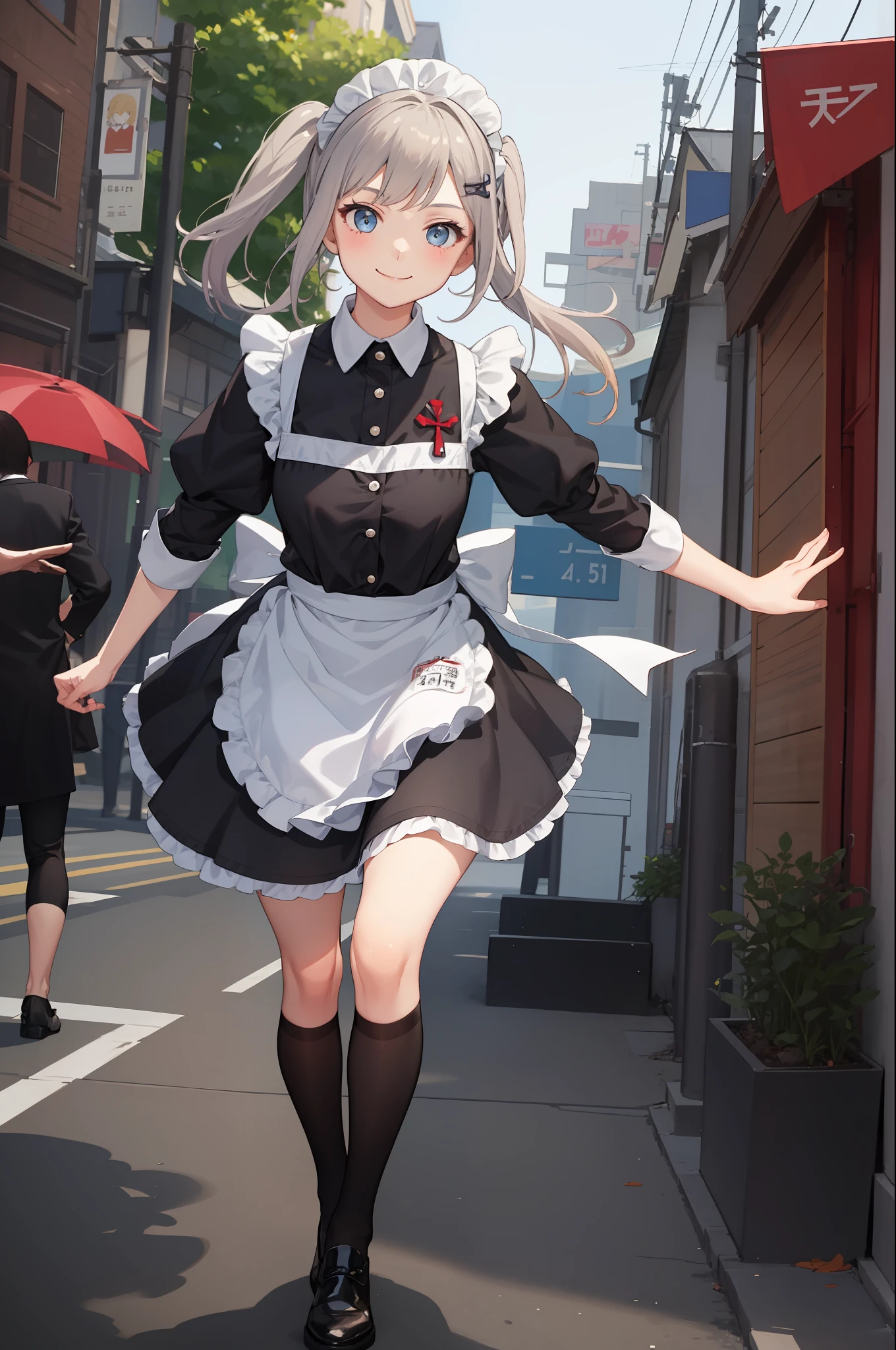 1 girl, smiling, skirt, (small) chillerism, dress, apron,,,,,,、 maid,,,,,,,,、 hair ornament, running briskly,