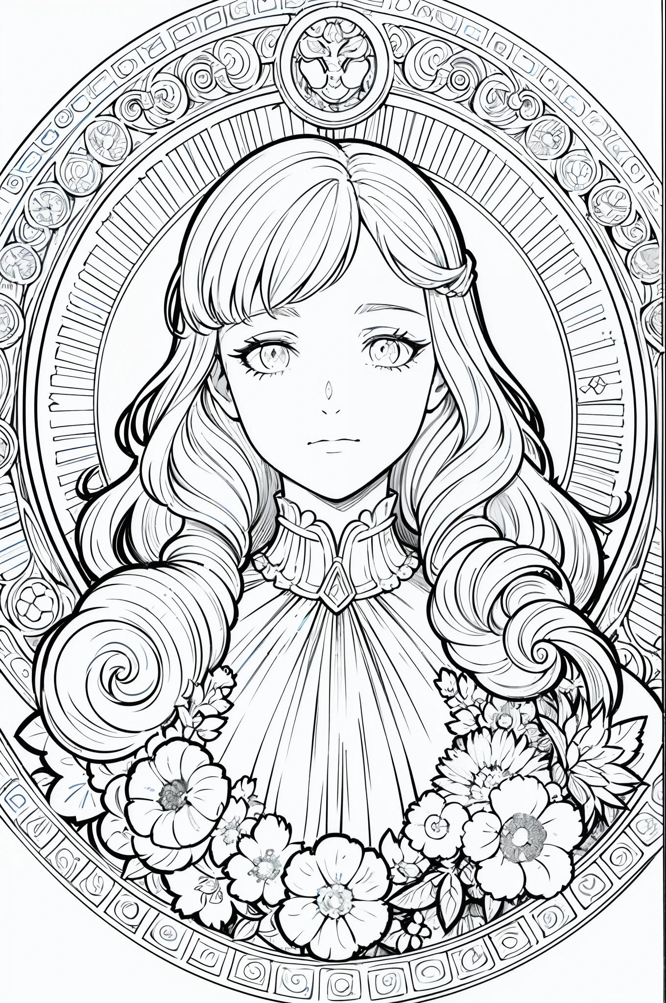 European women's face portrait, long curly hair, blonde, floral frame, decorative panel, abstract
Art by Alphonse Mucha, sketch, character lines and scenes without colors and shadows.
(Masterpiece, Best Quality, Highres:1.4), Detailed, Intricate Details, 4K, color splashes, line art, fibonacci,