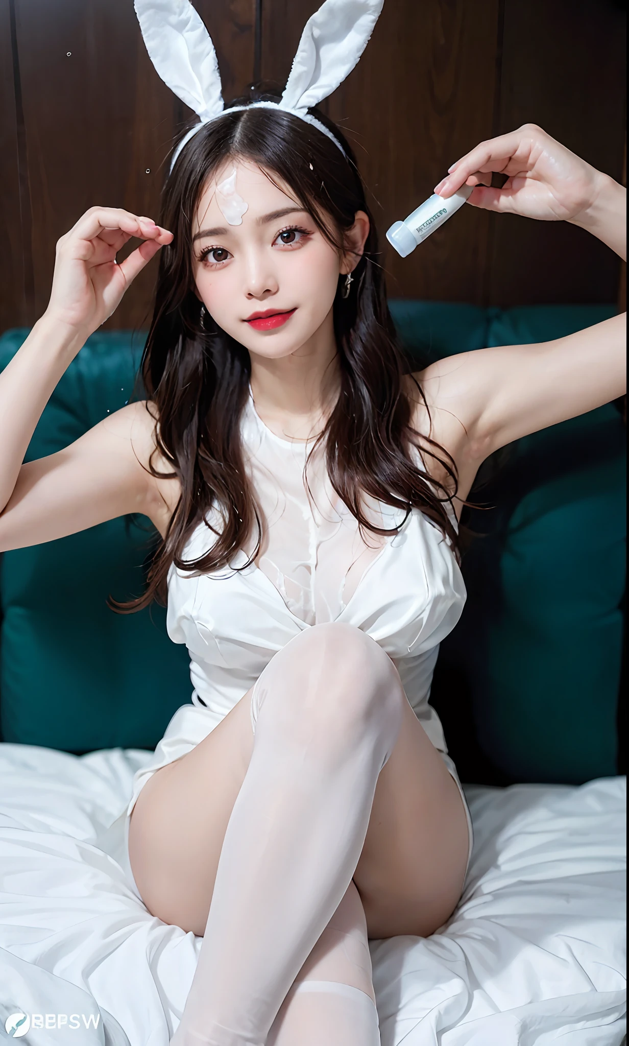 (Raw photography:1.2)、beste-Qualit、a beautiful detailed girl、Bunny Girl、From Underneath、bobhair、a smile、very detailed eyes and faces、beautiful detailed  eyes、huge filesize、A high resolution、8k wall paper、finely detail、Highly detailed ticker uniform 8K wallpaper、Light on the face、cinematiclight、、a sexy pose、Plain clothe、(photo realism:1.4)、illutst、super detaill、巨作、a playboy bunny、Fishnet pantyhose、Open legs、Emphasis on the thighs、Sit down and stretch your legs、(((Splash a mushy white and transparent lotion on your face、large quantity)))、(Apply liquid on the face)Face Zoom