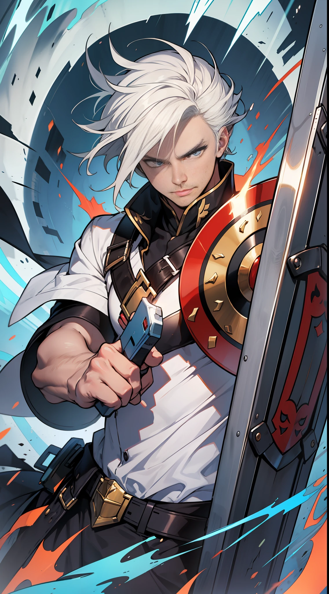 32K, Best quality, 巨作, Super detail, High details ,A man in a white shirt and short white hair wields a huge shield, Resist attacks。