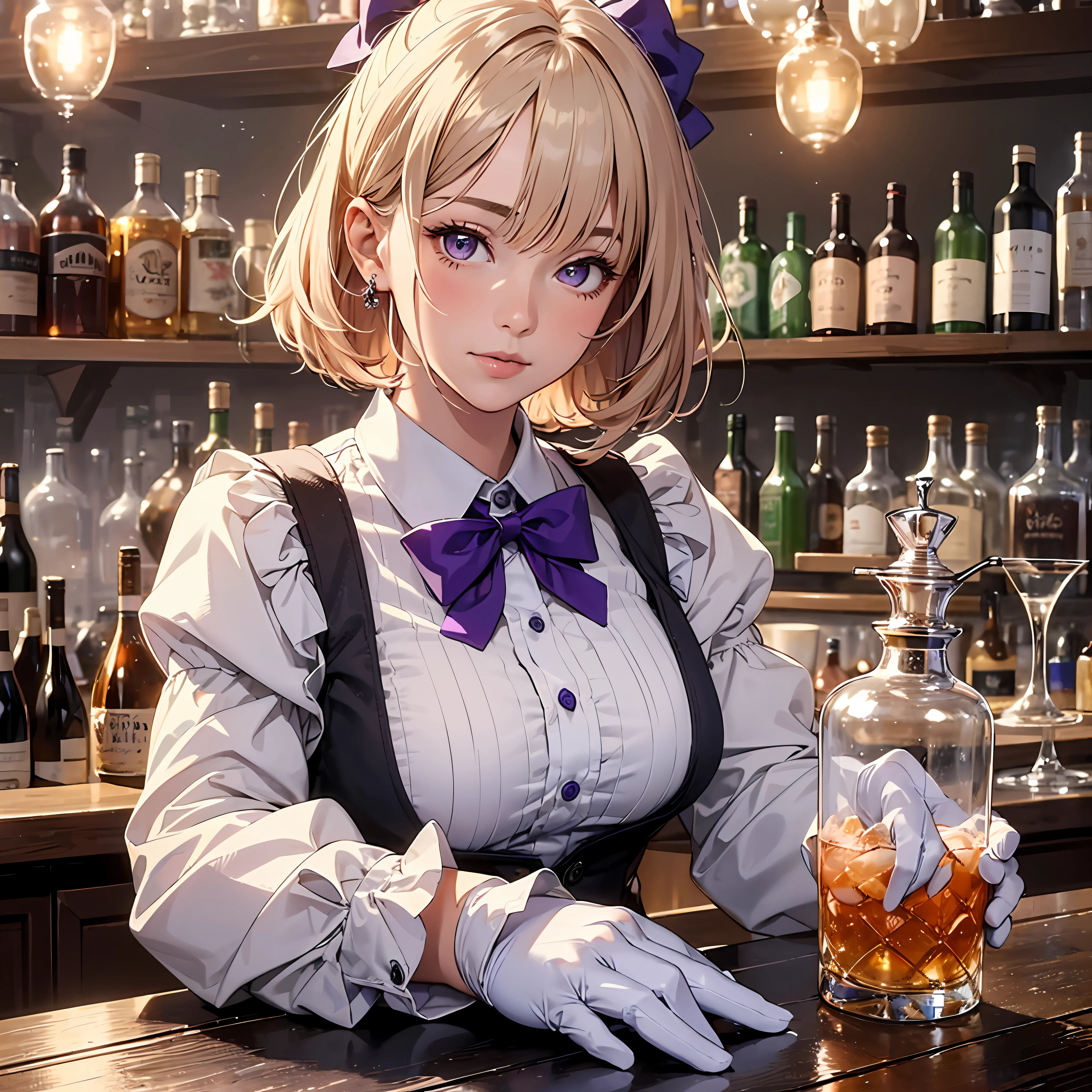 (best quality, masterpiece:1.4), (photo realistic:1.4),
1girl, solo, upper body, (two tone color hair,blonde:1.2,pink:0.7), One Side Cut Layer Bob, purple eyes, bartender, white shirt, bow tie, vest, breasts, puffy sleeves, long sleeves, gloves, cocktail shaker,
cocktail glass on counter, bar, bar counter, rolling bottle in air, many bottles,