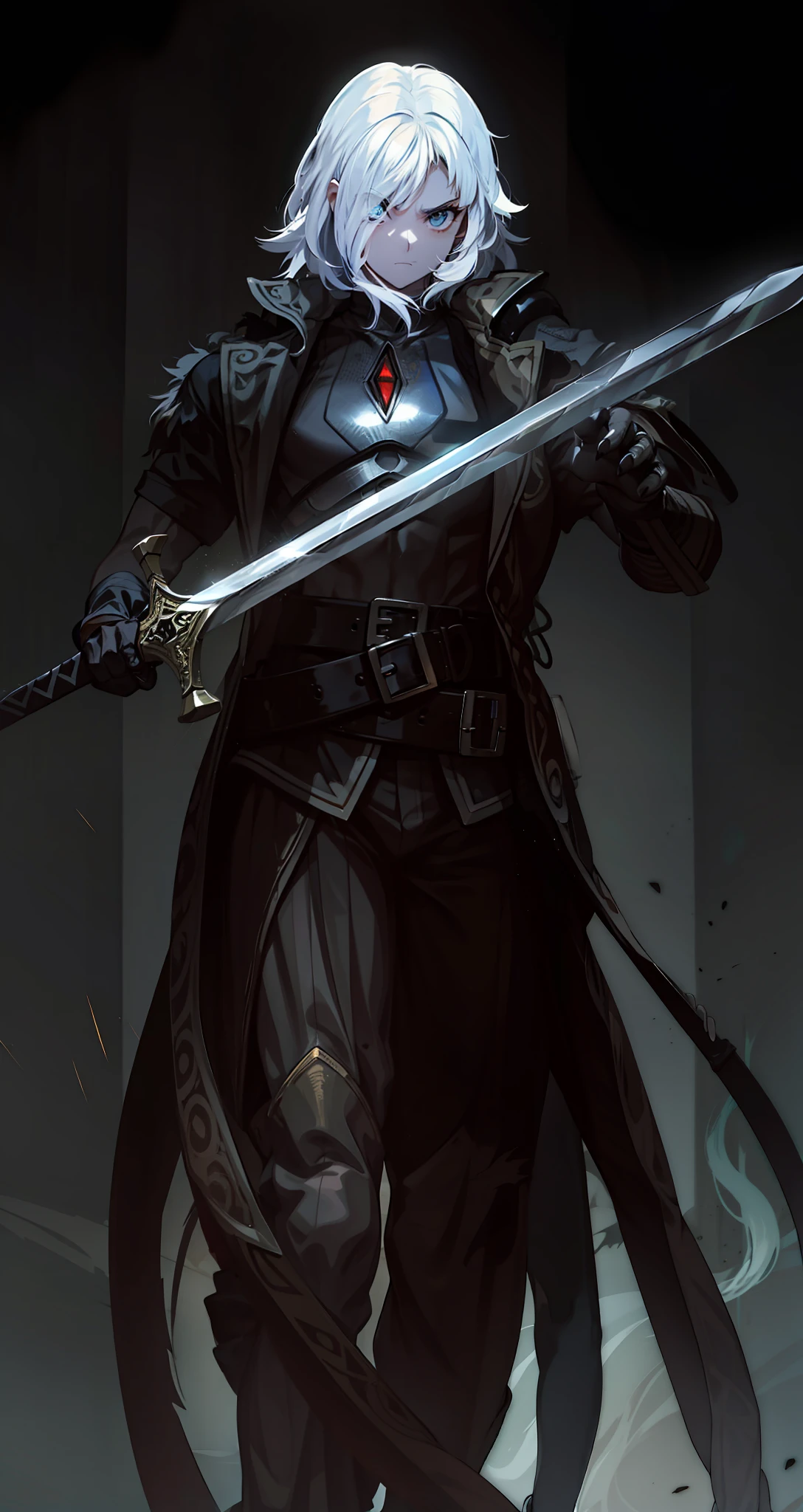 menino, pele morena, holding a sword with both hands, orelhas pontudas,4k, olhos amarelos, Armadura preta,pelo de animal negro nos ombros