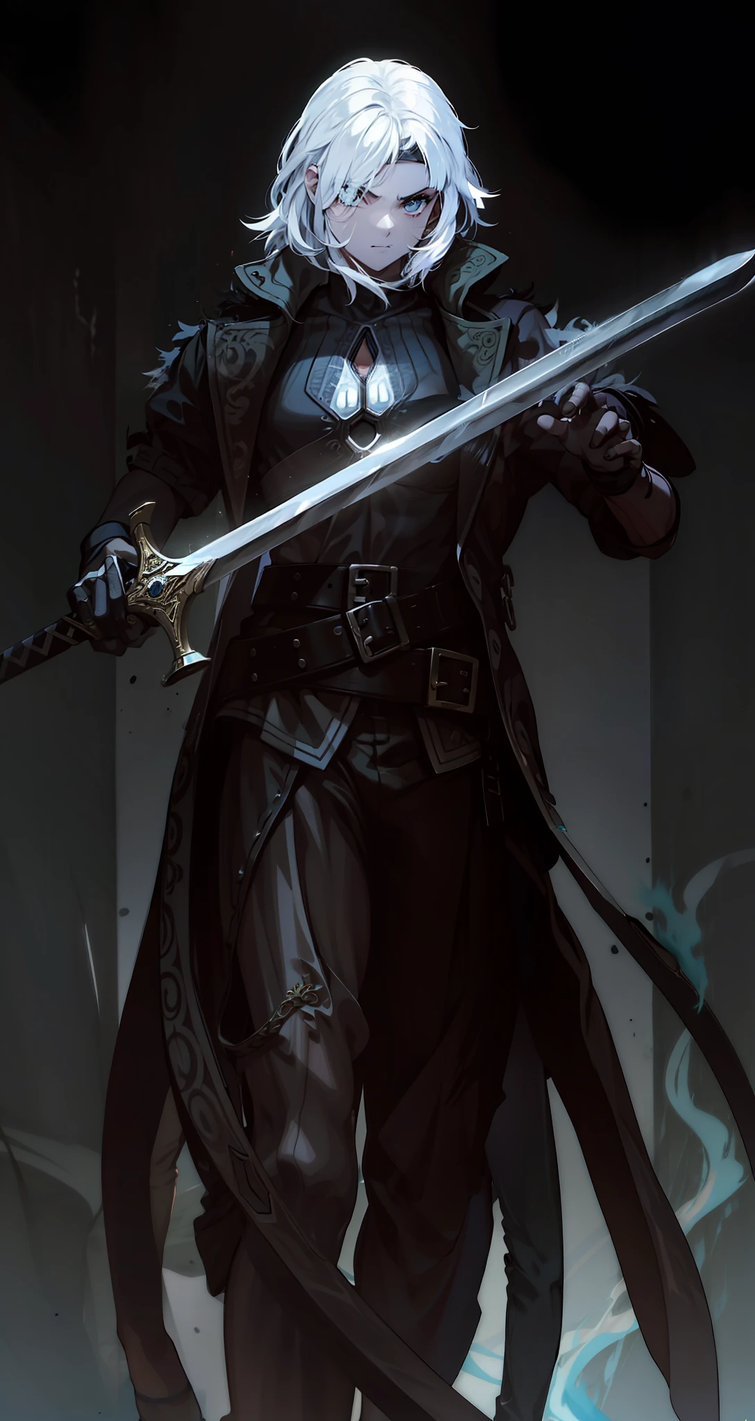 menino, pele morena, holding a sword with both hands, orelhas pontudas,4k, olhos amarelos, Armadura preta,pelo de animal negro nos ombros