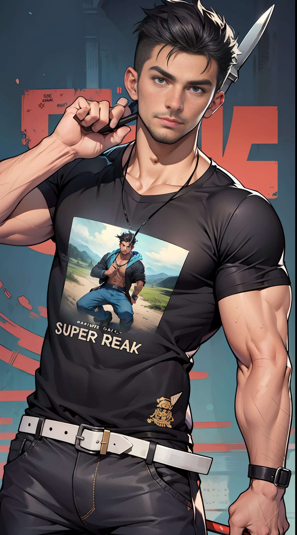 32K, Best quality, 巨作, Super detail, High details , A handsome man in a black T-shirt caught a huge tomahawk,