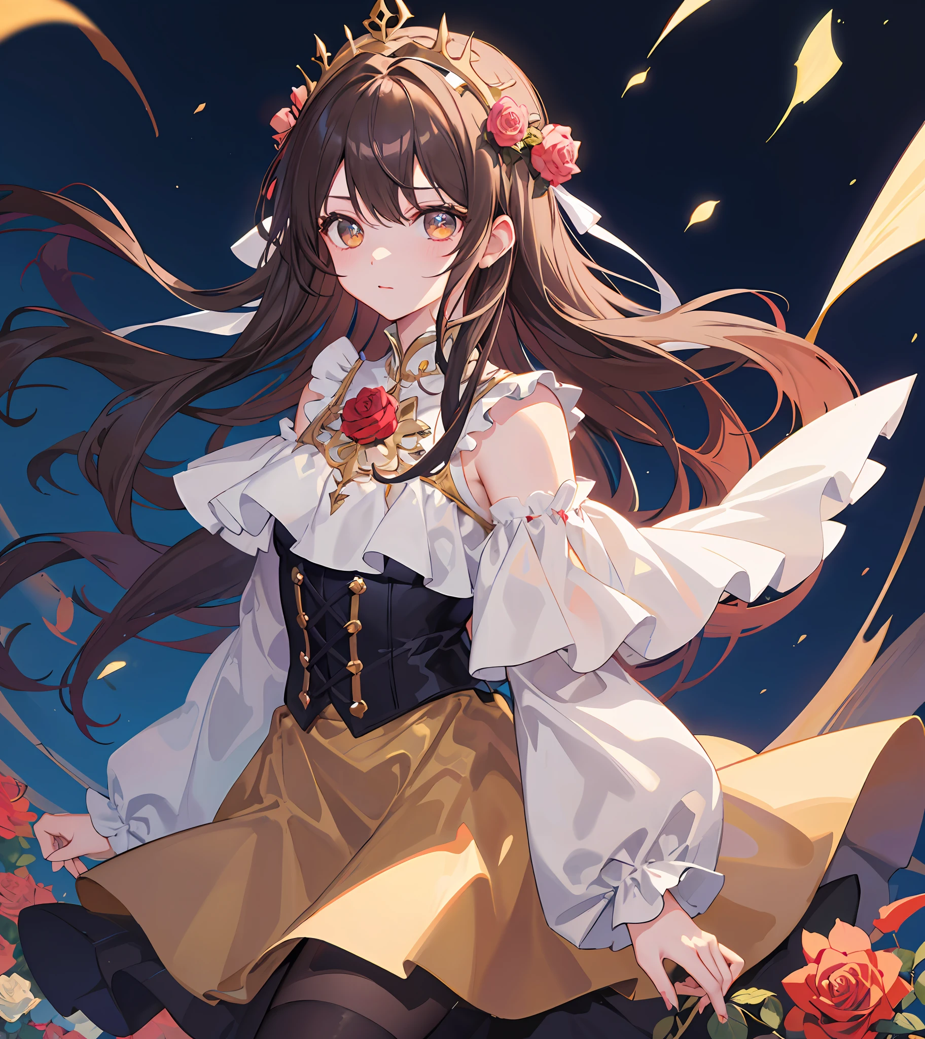Masterpiece quality,The best quality assurance。A brown hair、Cute girl with golden eyes。She looks very arrogant,Wearing a short Gothic skirt,Exudes magic,With a rose headdress,English-style top,Long hair flutters in the wind