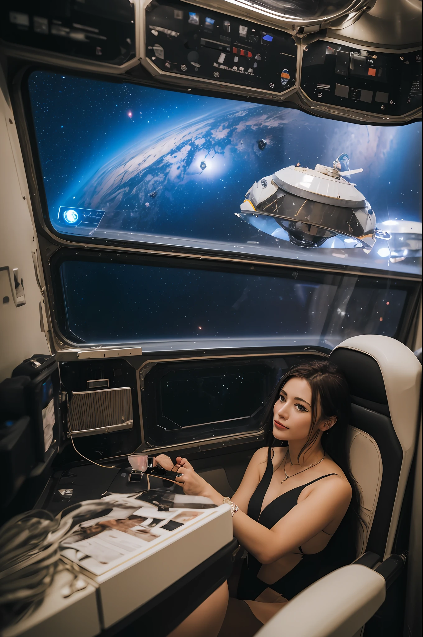 beste-Quality、A masterpice、ultra-high-resolution、(pphotorealistic:1.4)、Raw photo、((swim ring))、((hyper-realistic details))、portlate、Rendu octane、8K、ultrasharp、(((Hotels inside the space station)))、Woman in formal clothes sitting and relaxing、You can see the earth outside the window、spaceships、2001: A Space Odyssey