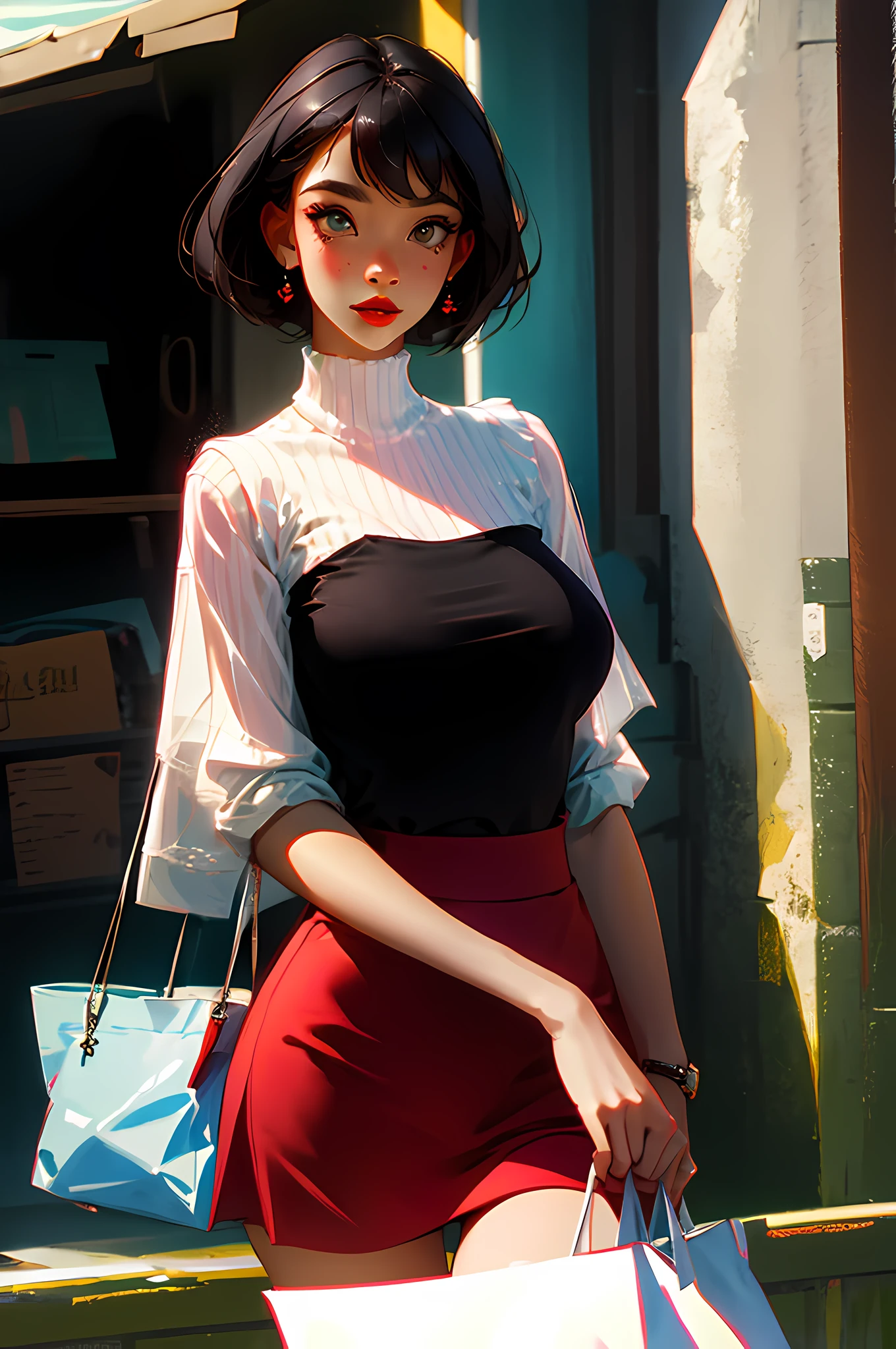 (Best Quority,masterpaintings:1.3),1girl huge large breasts,Upper body body,focused on the face,(hyperrealistc:1.2)One photo shows a young woman standing in a back alley, looking at the viewer. Short black hair, slender, red lips, a mole on the right corner of the mouth, flirting with the camera. Wearing a tight skirt and a camisole,