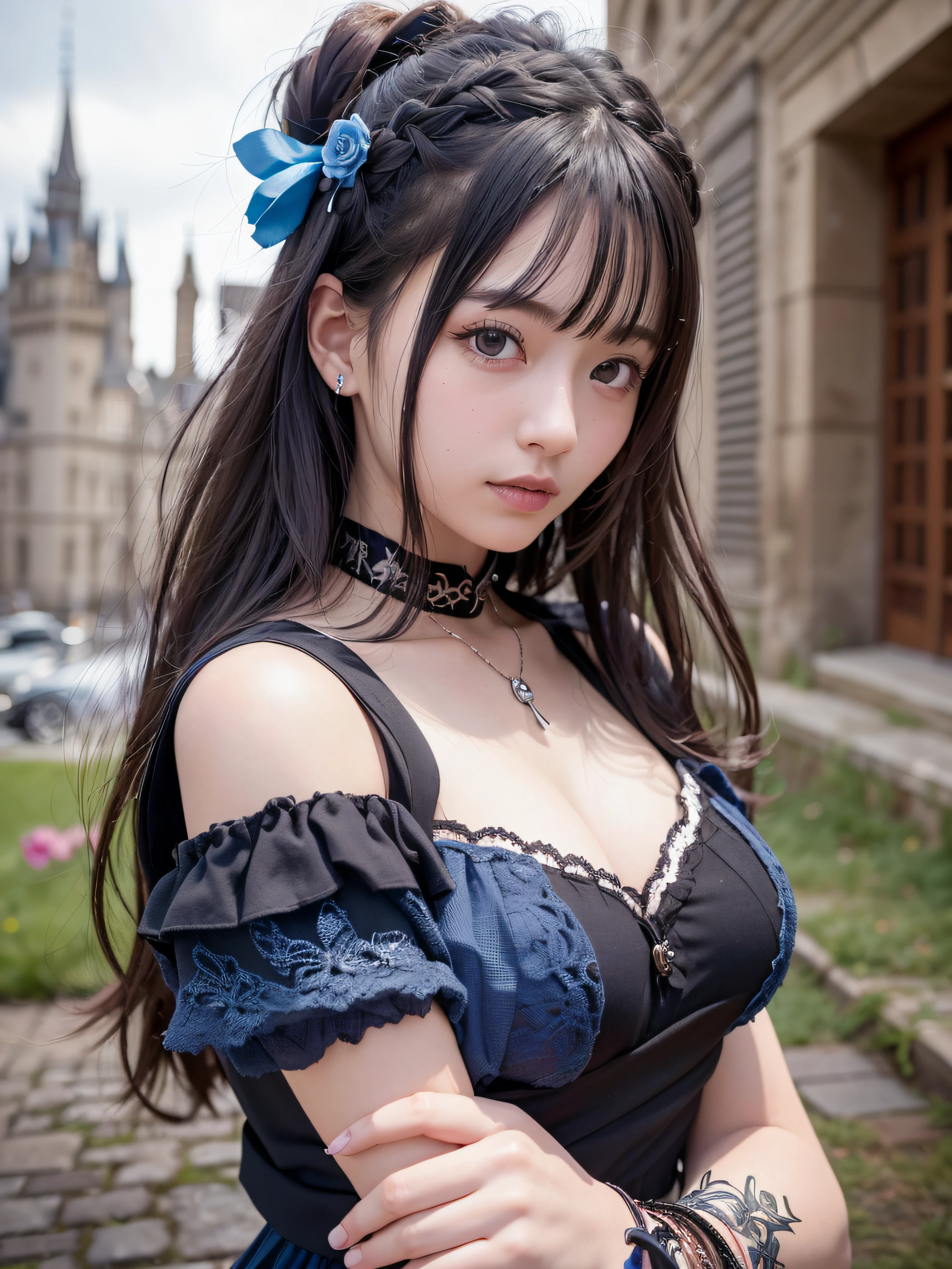 (realistic, photo realistic:1.37), incredibly absurdres, (insanely detailed:1.3), 8k, (masterpiece), (best quality:1.4), (ultra high res:1.2), (raw photo:1.2), (unity 8k wallpaper), 1 nogizaka girl, utterly cute, (bishojo:1.35), (15yo:1.4), (alice and the pirates fashion), detailed beautiful dress, hair accessory with blue rose, detailed beautiful face, detailed beautiful eyes, detailed black shine hair, medium breasts, smile at the camera, cowboy shot, castles scenery in europe, ultra detailed background, professional lighting