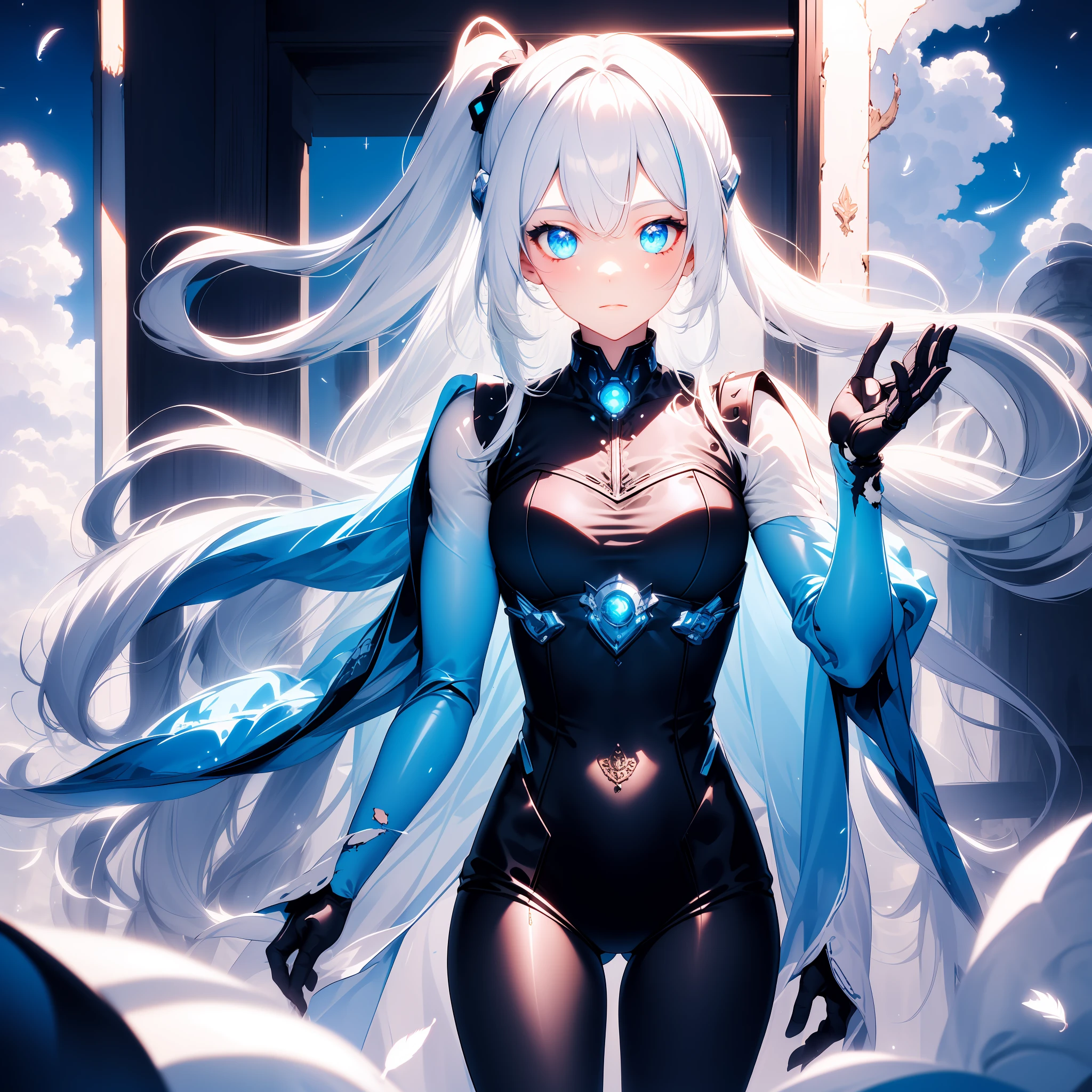 {{巨作}}, flat chestbest quality},{A high resolution},solo,Flat_Chest,a girl inside the church with white hair and blue pupil surrounded by {Many} Glowing {feather hair} in cold face,Detailed face,the night，Bright colorful lights in detail in the sky cascading clouds and cloudy moon,{a lot of glowing particles},High ponytail,Mecha clothes,Robot girl,cool movement,Silver tights,{filigree},delicate and (intricate complexity) Hair,((Sliver)) and (Broken) Body,blue streaked hair,Full body,Depth of field, Sit on a {Blue Star}
