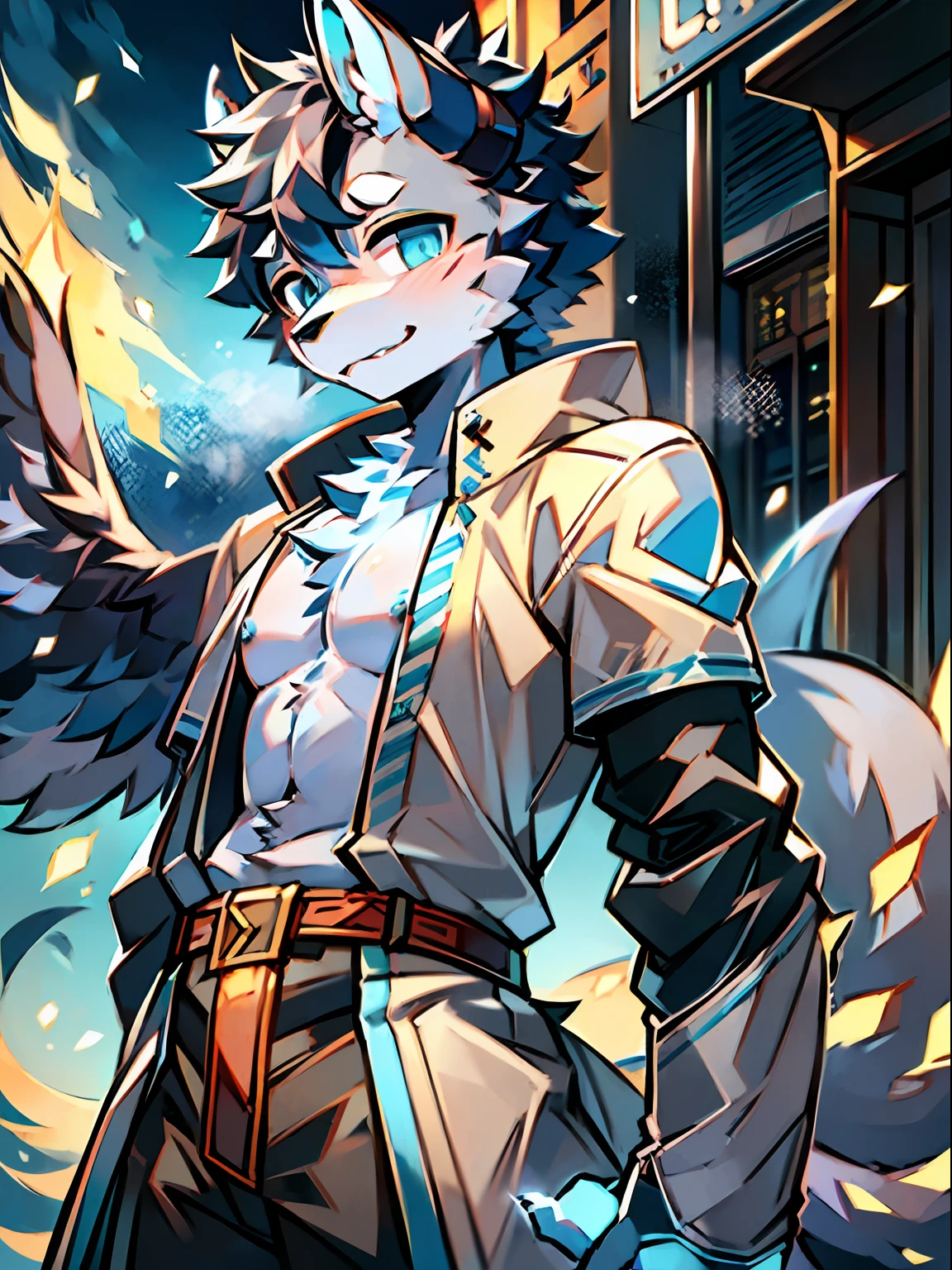 eyes with brightness, a panoramic view, Character focus ,Back Shadow,独奏,solo person, shaggy, Correct human anatomy。Furry male wolf(Dragon and wolf combined), Male blue-white skin, The eyes are blue,(A pair of dragon wings), Gray hair(The long),There is a pair on the forehead(small nipple)Blue horn fluorescence,at the street side,Take control of the magic,Ice flames floating in your hands,ancient clothes,Young style,Height one meter seven,Handsome, There is a wolf tail,Hi-Def,8K,1440*2048