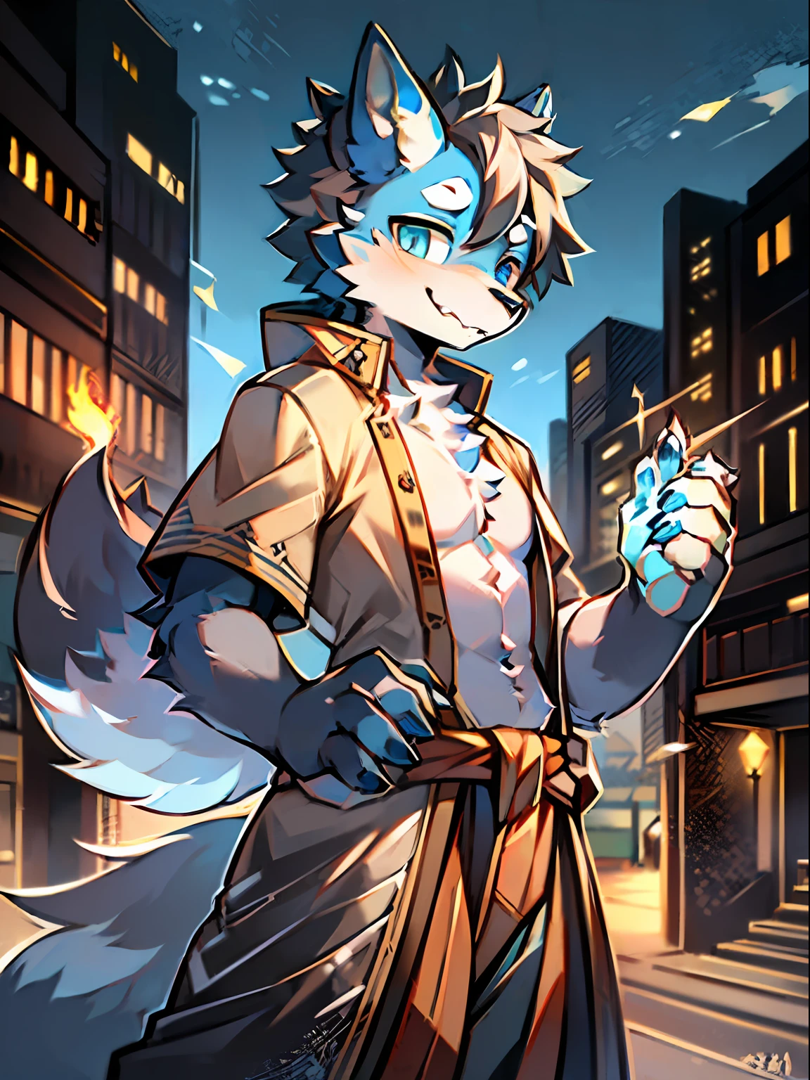 eyes with brightness, a panoramic view, Character focus ,Back Shadow,独奏,solo person, shaggy, Correct human anatomy。Furry male wolf(Dragon and wolf combined), Male blue-white skin, The eyes are blue,(A pair of dragon wings), Gray hair(The long),There is a pair on the forehead(small nipple)Blue horn fluorescence,at the street side,Take control of the magic,Ice flames floating in your hands,ancient clothes,Young style,Height one meter seven,Handsome, There is a wolf tail,Hi-Def,8K,1440*2048