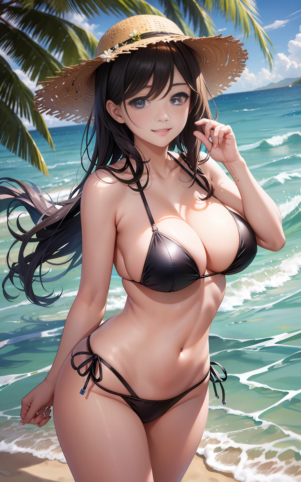 Girl Huge breasts，sandbeach，light wind，比基尼，smil，sun beam，of a real，realisticlying