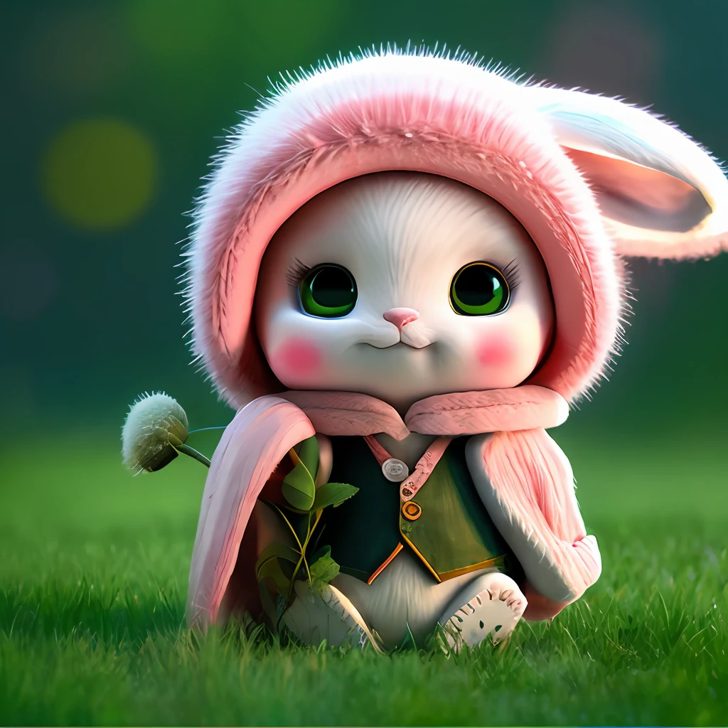 edgBunny、realisticlying、Furry animals、blush on、cherrie、the fruits、body complet、bucket-hat、Non-human、grass field、masterpaintings、8K high-definition、red eyes,Crystal