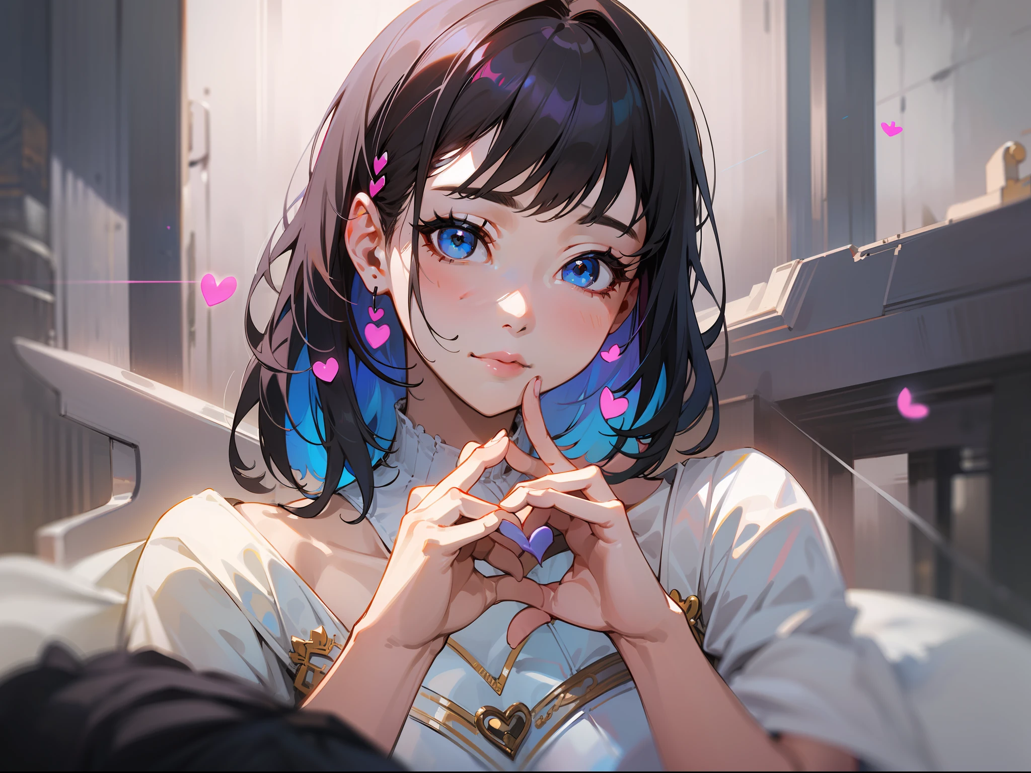 (巨作)、the detail、12K、in 8K、((Heart with both hands in front of the face))、Girl in tight white base dress、short dark hair、Colorful inner hair、Realistic and sharp details、portrait shooting、Super Intricate Details、Ultra-fine details、Stay outside、