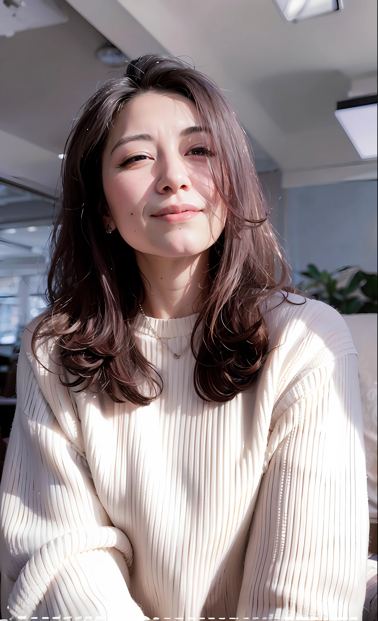 Close-up of a woman with long hair in a transparent shirt, with short hair, 60-year-old woman,