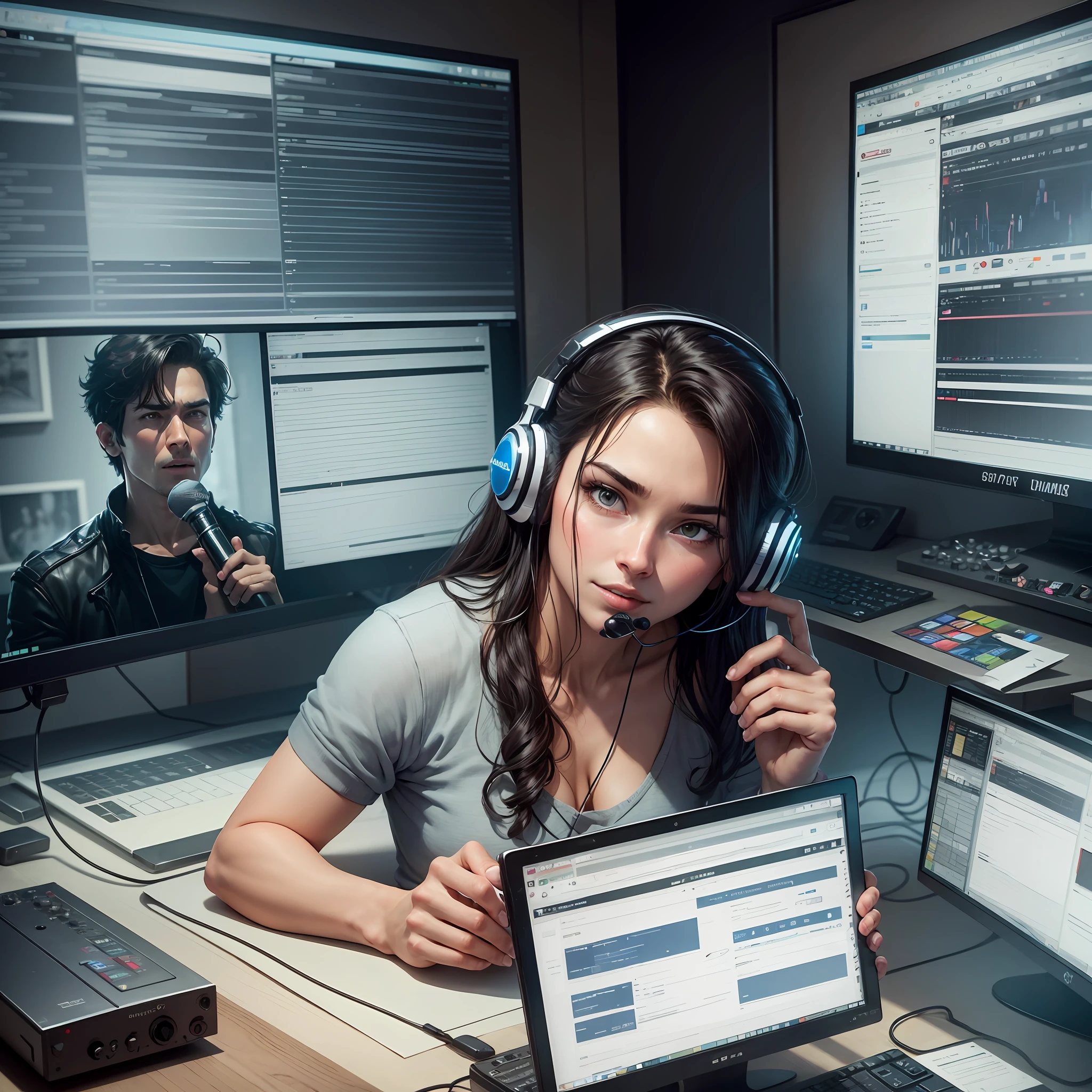 The image features a professional voice actor recording in a state-of-the-art studio. The studio is soundproofed with sleek, sound-absorbing panels on the walls, and the lighting is dimmed to create a focused and creative atmosphere. The actor sits comfortably in front of a high-quality microphone, wearing professional headphones and holding a script. The microphone is mounted on a sturdy stand with a pop filter, ensuring clear and crisp sound quality.
The actor is deeply engaged in the recording process, leaning slightly toward the microphone with a determined expression. Their body language exudes professionalism and confidence. They hold the script in one hand, while the other hand gestures subtly, emphasizing the impact of their voice over.
The studio is equipped with cutting-edge technology, featuring a modern computer setup with a large screen displaying a professional audio editing software. The actor’s voice waveforms are visible on the screen, showcasing their expertise in audio manipulation.
The room is decorated with artistic sound-themed elements, such as sound wave patterns on the walls, framed movie posters with famous voice actors, and a shelf filled with various awards and trophies recognizing the actor’s achievements.
In the bottom corner of the image, the QuickSay.com logo is displayed discreetly, representing the platform providing captivating voice over services. Above the logo, the tagline “Enhance your projects with captivating voice overs” is elegantly written in a professional font, emphasizing the impact of voice overs on enhancing projects. --auto --s2