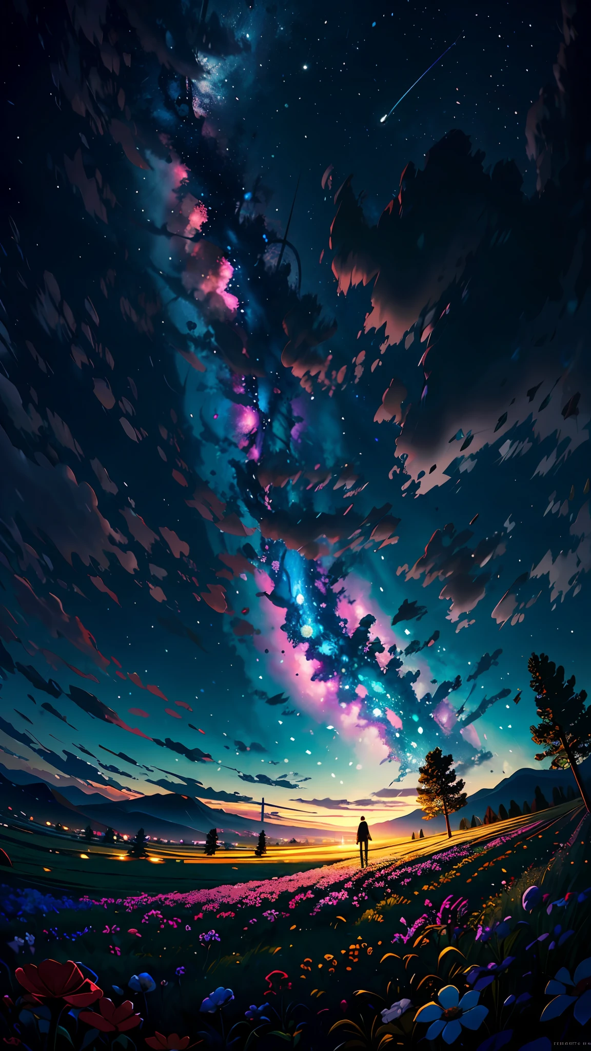 Expansive landscape photograph,(look from down,Above is the sky,Below are open fields),A girl standing on a flower field looking up,(moon full:1.2),(Meteor:1.2),(Starcloud:1.3),far away mountain, Tree BREAK making art,(Warm light source:1.2),(glowworm:1.2),lamp lights,Lots of purple and orange,Complicated details,Volumetric lighting BREAK(masterpaintings:1.2),(Best Quority),4k,hyper detailled,(dynamic compositions:1.4),with rich details,rich colour,(Iridescence color:0.9),(glowing with,Atmospheric lighting),dreamlike,magical,(独奏:1.2)