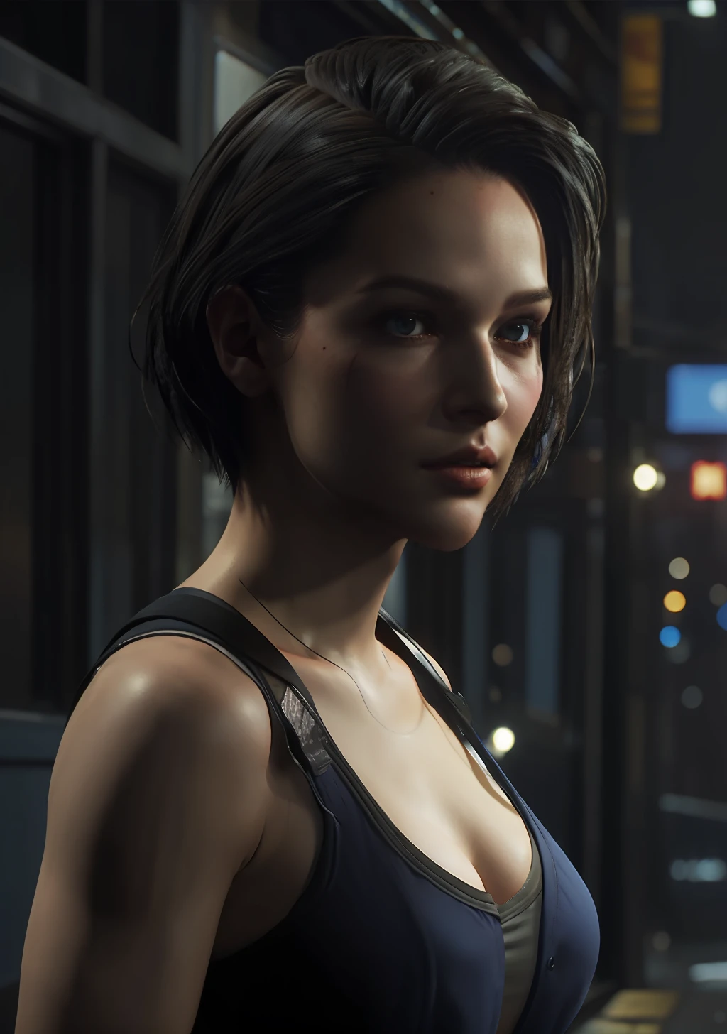 jill valentine, beautiful woman, sexy woman, perfect breast, ((half body)), (looking at viewer:1.1), night street, by Conor Harrington