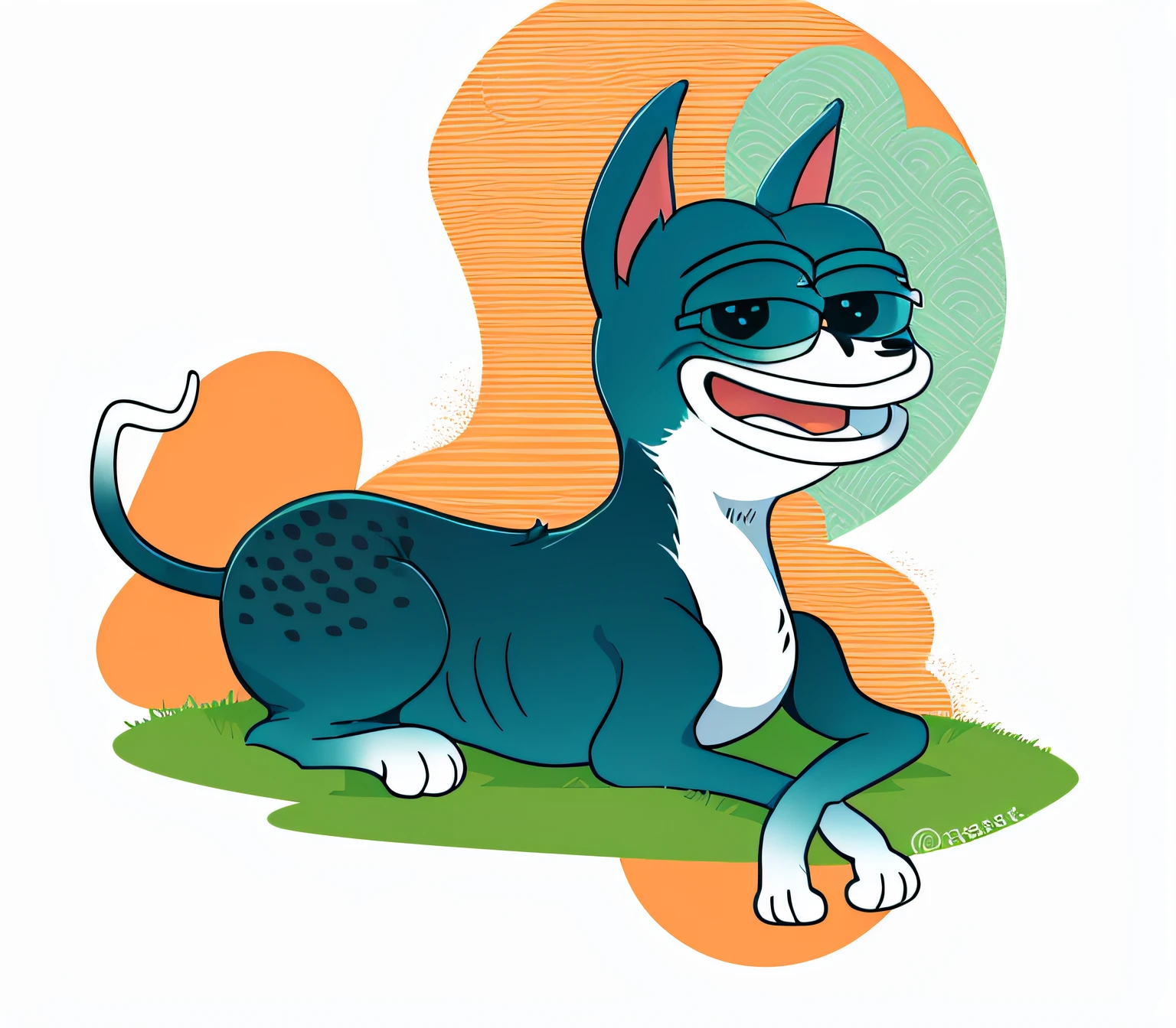 A Pepe dog lying on his stomach, anthropomorphic dog, cartoon creature, cartoonish style, outlines!!!, drawn with photoshop, In a smile, outlines, anthropomorphic cat, illustration,There are spots on the body