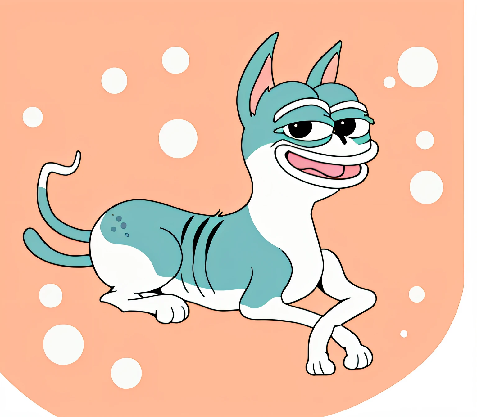 A Pepe dog lying on his stomach, anthropomorphic dog, cartoon creature, cartoonish style, outlines!!!, drawn with photoshop, In a smile, outlines, anthropomorphic cat, illustration,There are spots on the body