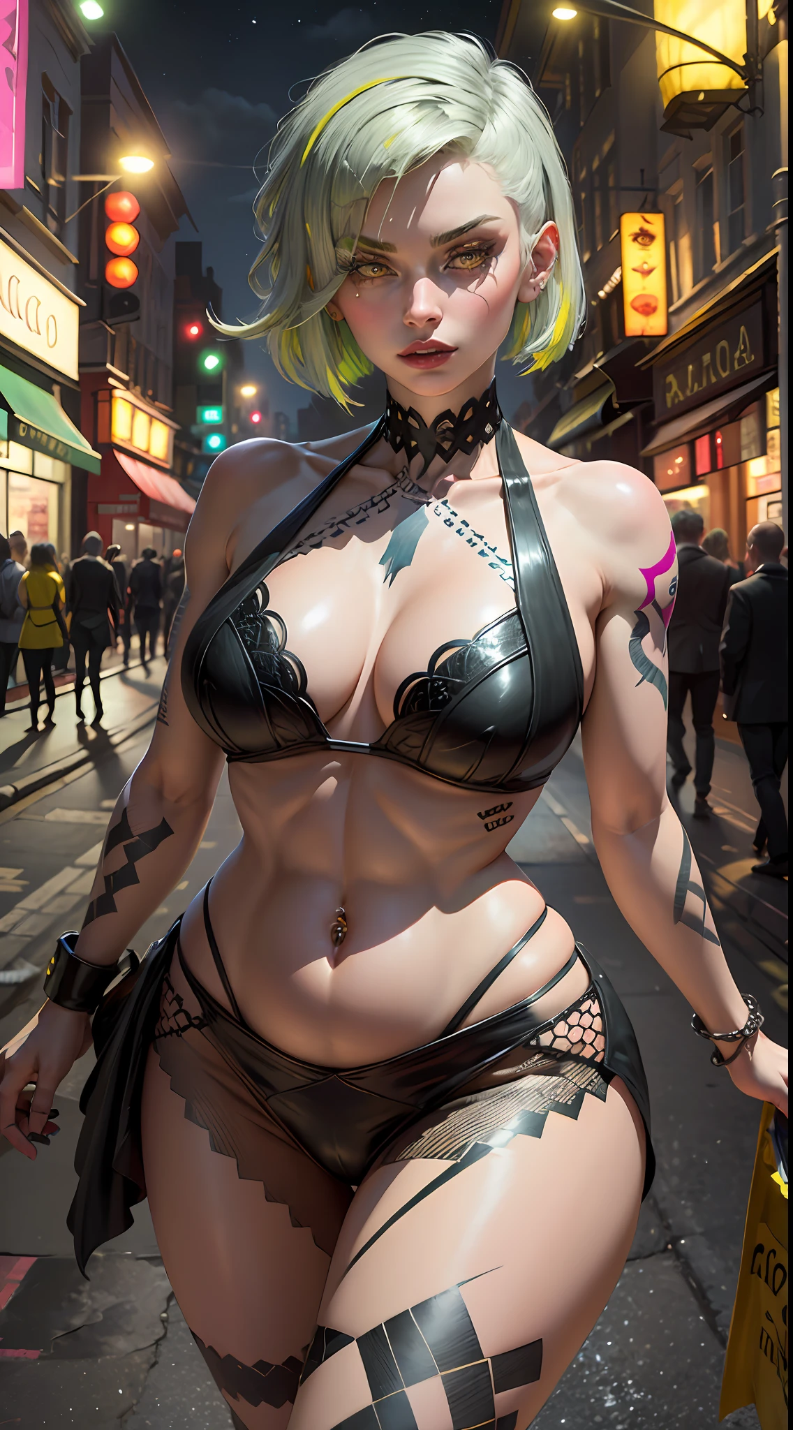 ((Best quality)), ((masterpiece)), ((highly intricate details)), 1girl,(tall,175cm),(muscular plump:1.2), (yellow eyes,detailed eyes),seductive expression,evil smirk,(navel piercing),erotic pose,bad girl,bitch,prostitute,hooker,smoking a ciggarette,(red long dress), (tattoos:1.4), bimbo breasts, strong eyeliner, heavy make-up, (half_buzzcut,platinum hair),outdoor,street,red light district, night time,(tone abs:0.8),