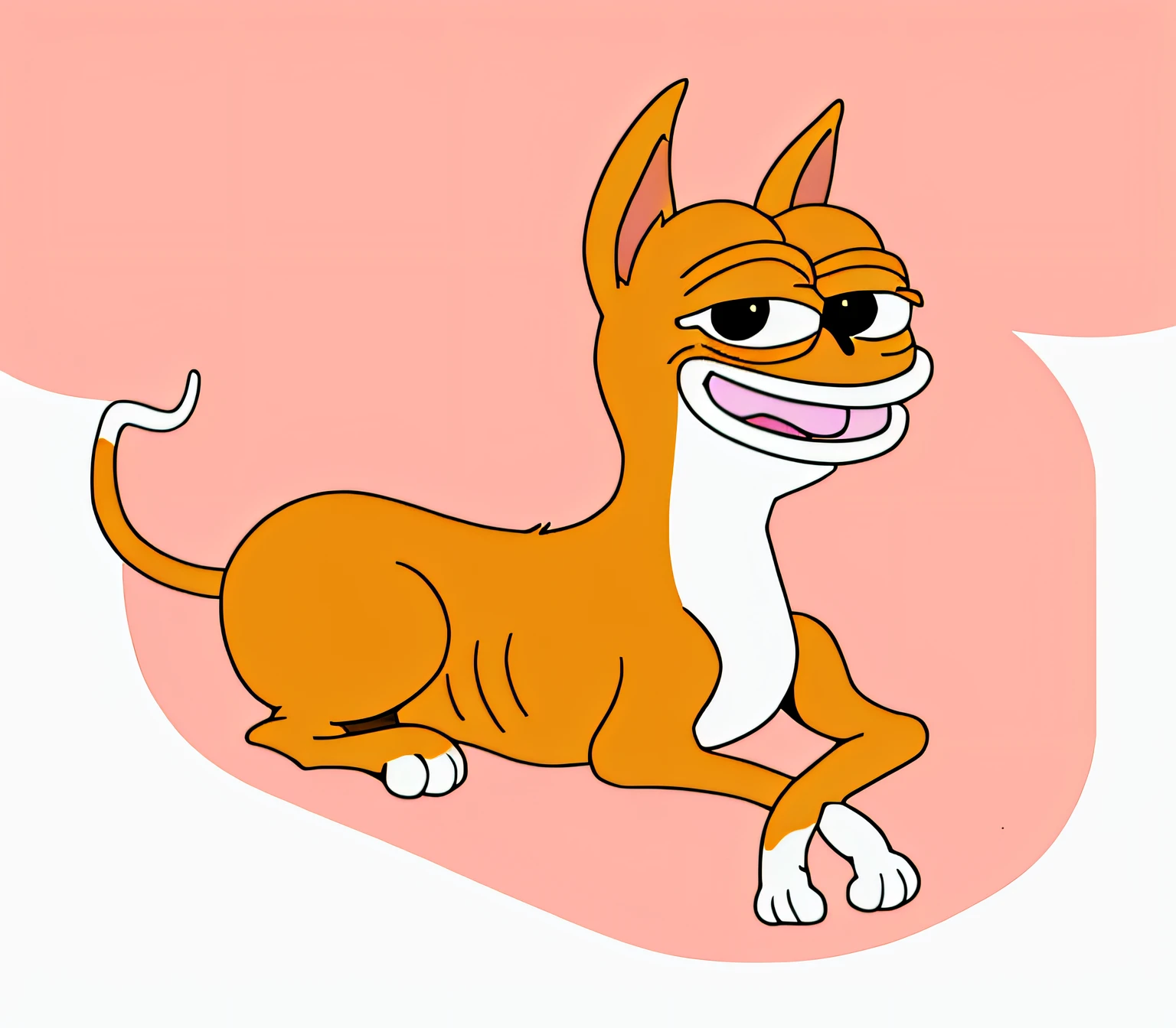 A Pepe dog lying on his stomach, anthropomorphic dog, cartoon creature, cartoonish style, outlines!!!, drawn with photoshop, In a smile, outlines, anthropomorphic cat, illustration,There are spots on the body
