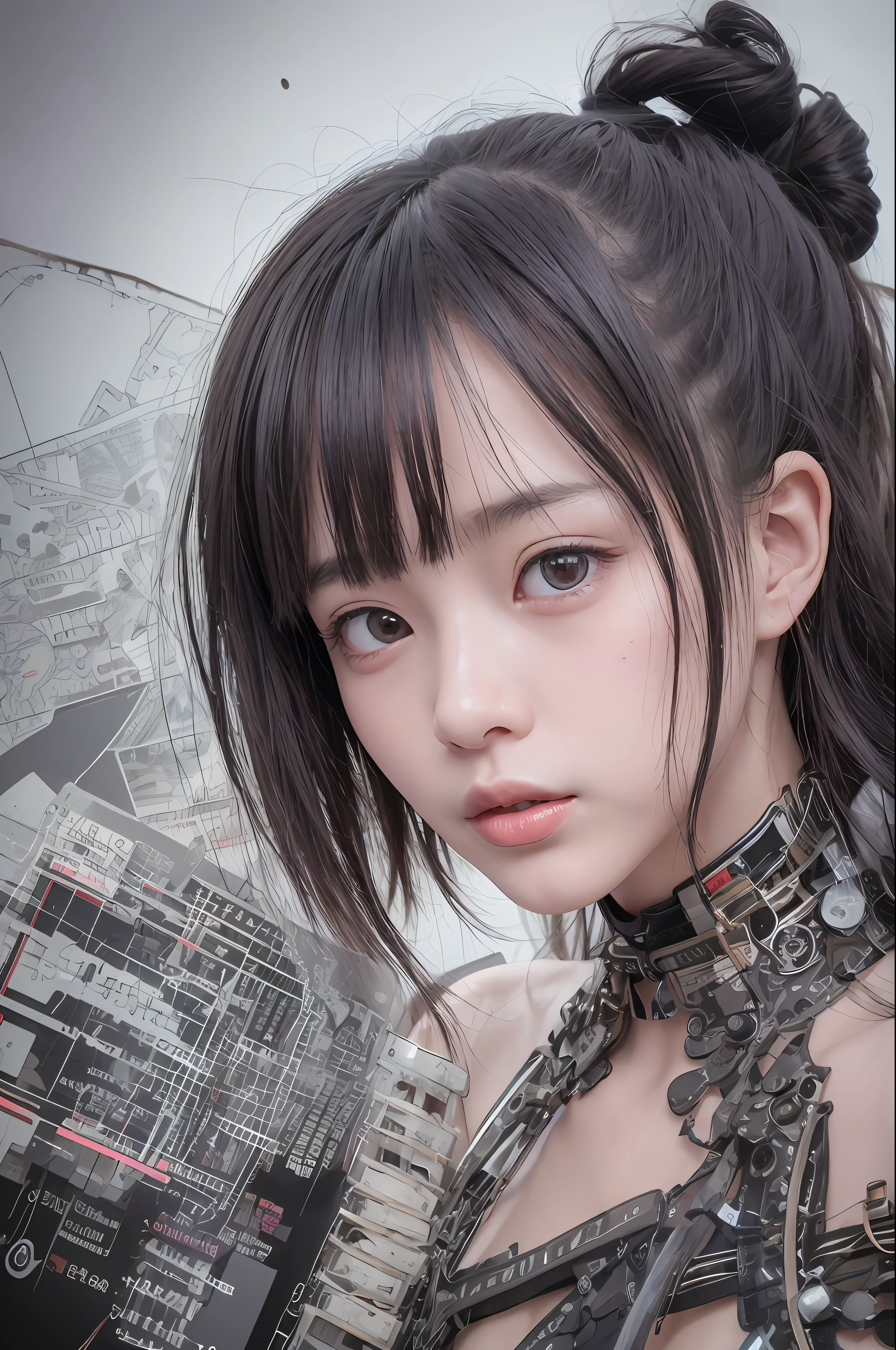 beste-Qualit、巨作、ultra-high-resolution、(photo- realistic:1.4)、Raw photo、女の子1人、Black hair、glowy skin、1 Mechanical Girl、((hyper realistic detail))、portlate、Global Illumination、Shadow、octan render、8K、ultrasharp、Mechanical Girl、巨乳、Raw skin is exposed in cleavage、Details of complex ornaments、Gothloli details、extremely intricate detail、Realistic light、CGSoation Trends、purple-eyed、radiant eyes、Facing the camera、neon details、Mechanical limbs、blood vessels connected to tubes、Mechanical vertebrae attached to the back、mechanical cervical attaching to neck、sitting on、Wires and cables connecting to the head、Small LED lamp、Fluorescent glowing tubes、