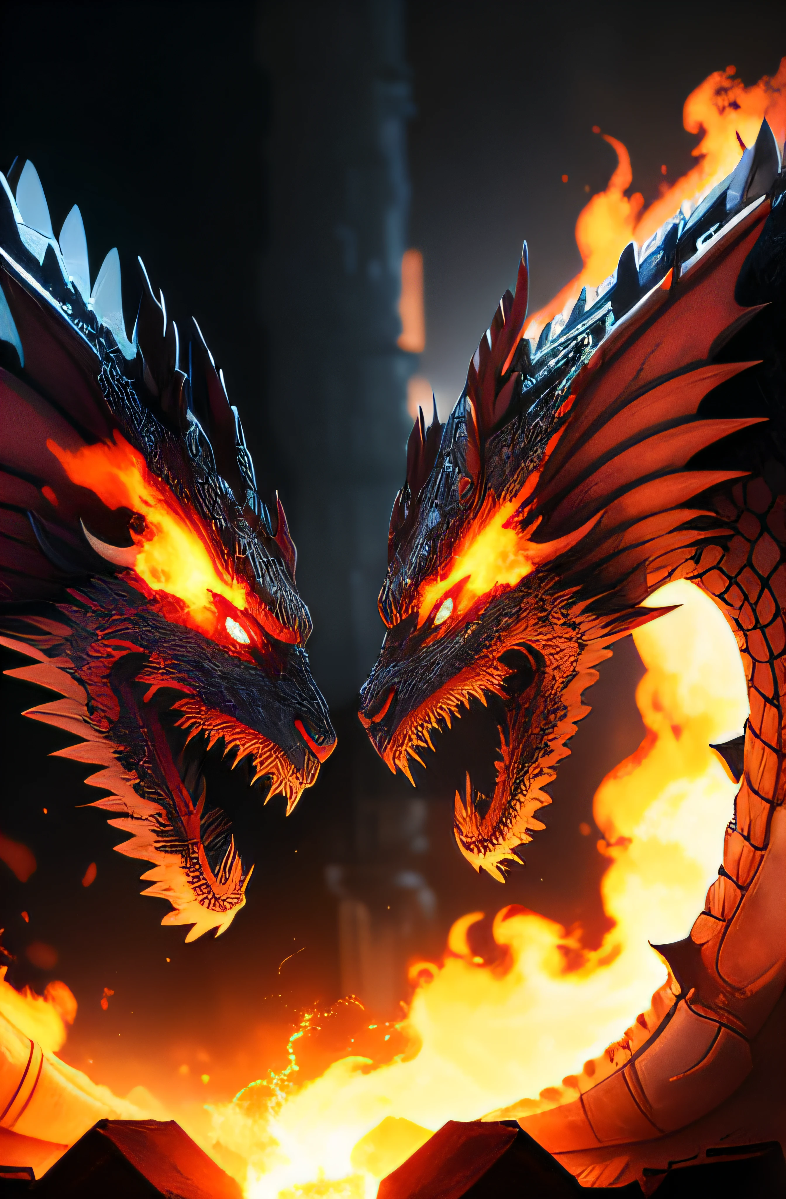 The battle between the mecha warrior and the Celestial Two-Winged Divine Dragon,Red gold flame light effect,Gray battle ruins background,Intricate armor pattern design,Fierce dragon,Close-up,Xinhai City,oilpainting,hyper-detailing,4K