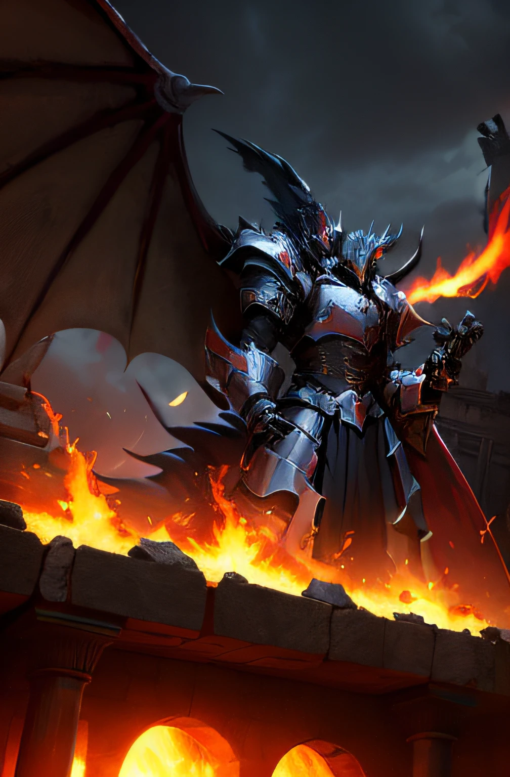 Demon knights on the wall,The background is flames and flames, Dragon Knight, deathwing, lord of cinder, ares with heavy armor and sword, colossal dragon in background, alduin, grimdark paladin, Dragon armor, evil knight, heroes of the storm splash art, draconic looking armor, epic dragon, ruler of inferno, dragon ancient full plate armor