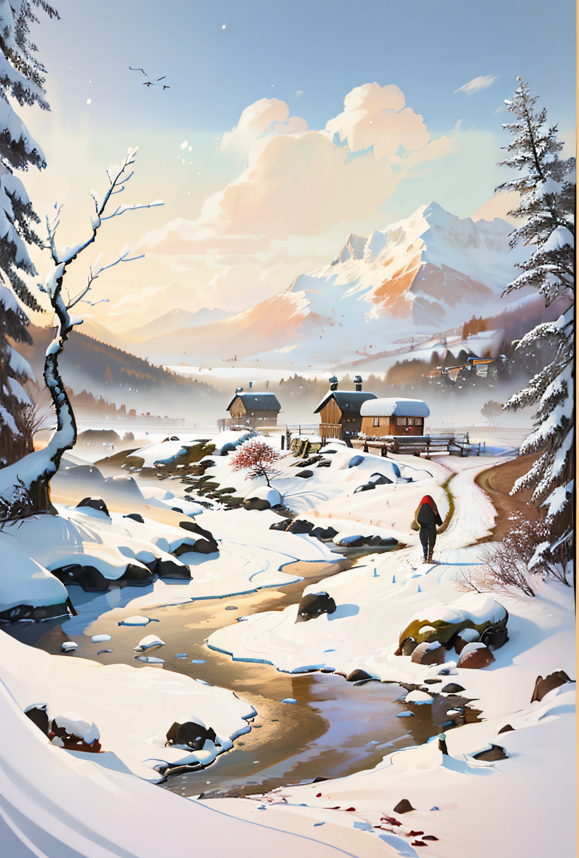 Draw a man walking through a snowy landscape,The background is a mountain, author:Franz Hergi, A beautiful artwork illustration, author:Krzysztof Boguszewski, bussiere rutkowski andreas rocha, author:Leon Chwistek, inspired by Krzysztof Boguszewski