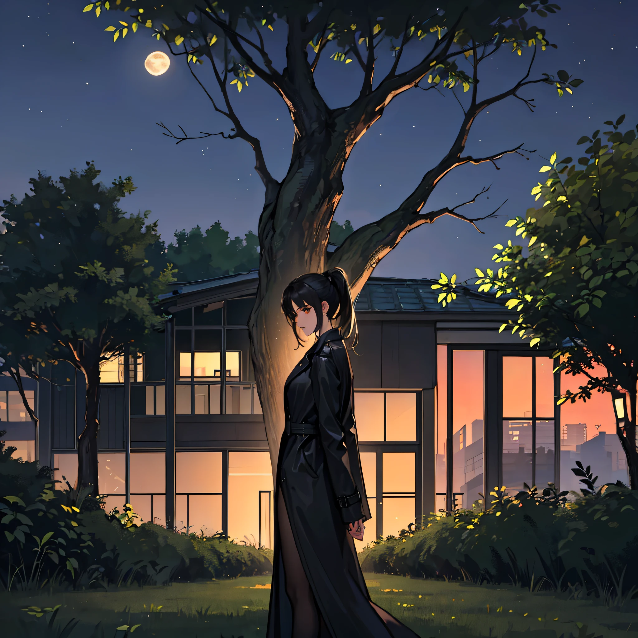 A woman with a black ponytail,Wear a black trench coat,Crouch behind a tree,the night,moonlit glow,suburb,Private hospitals,Greenery