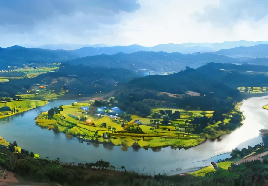 a view of a river running through a lush green valley, guangjian, wide angle river, Hangzhou, nezha, wide river and lake, a panoramic view, Landscape view, sichuan, panoramic, Far view, qiangshu, very beautiful scenery, taoist, Beautiful environment, Chiba Yuda, beautiful panoramic imagery