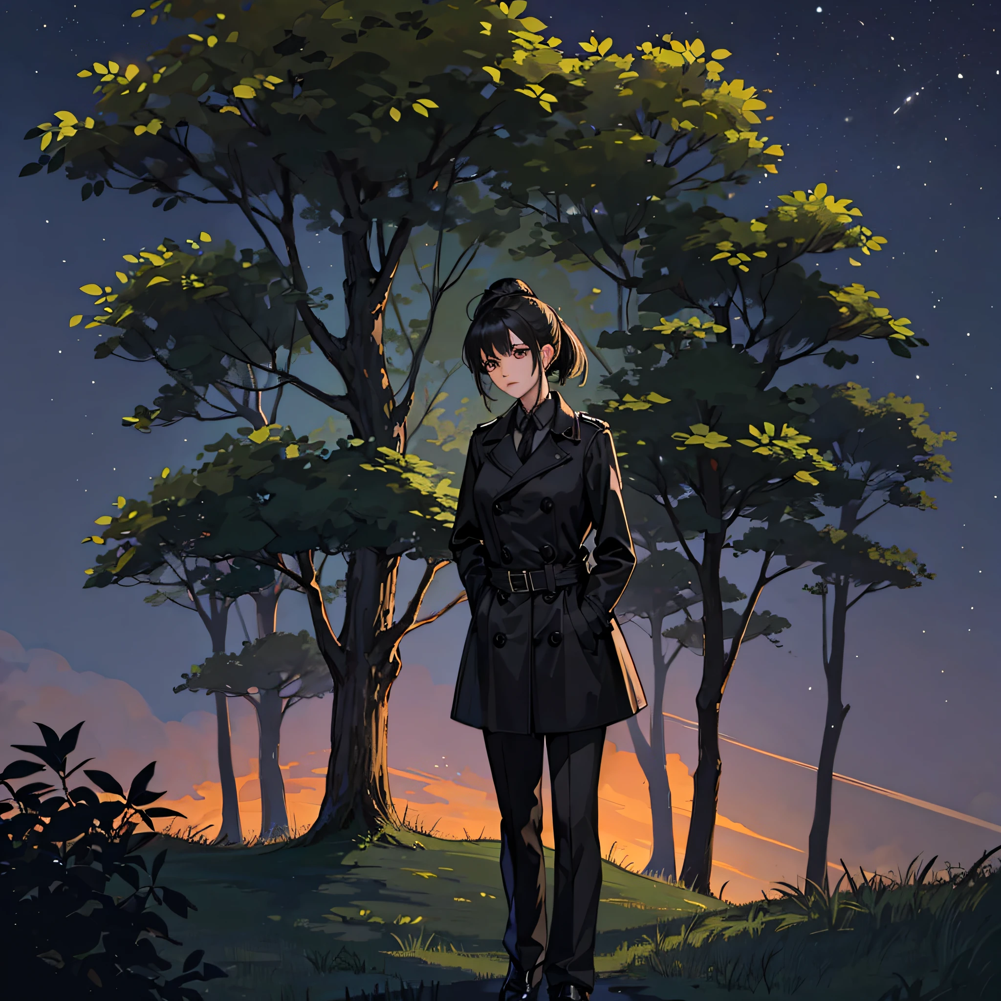 A woman with a black ponytail,Wear a black trench coat,Crouch behind a tree,the night,moonlit glow,suburb,Private hospitals,Greenery