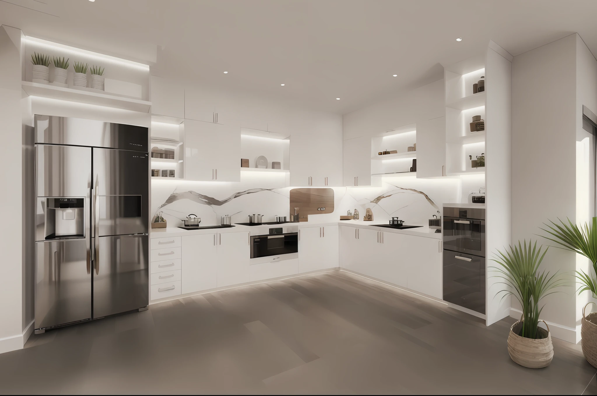 a rendering of a kitchen with a refrigerator, sink, and a refrigerator freezer, kitchen, enscape render, minimal kitchen, modern minimalist f 2 0 clean, realistic 3 d style, 3d product, 3 d rendering, 3d rendering, 3 d render n - 9, 2 d render, 3 d design, render 3 d, 3d design, wood floor
